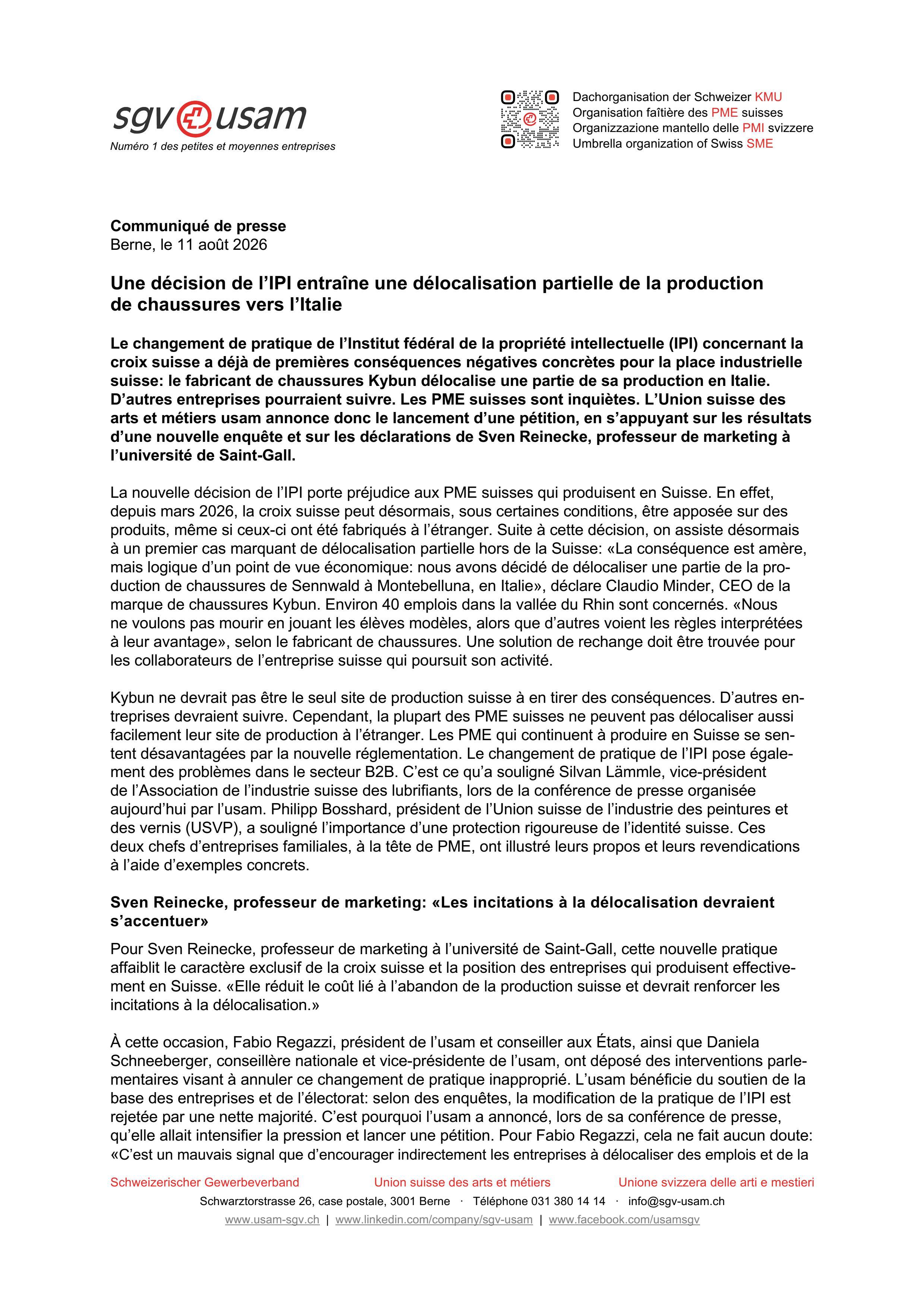 La croix suisse s’exporte-t-elle? La nouvelle pratique de l’IPI à l’épreuve - Une décision de l’IPI entraîne une délocalisation partielle de la production de chaussures vers l’Italie