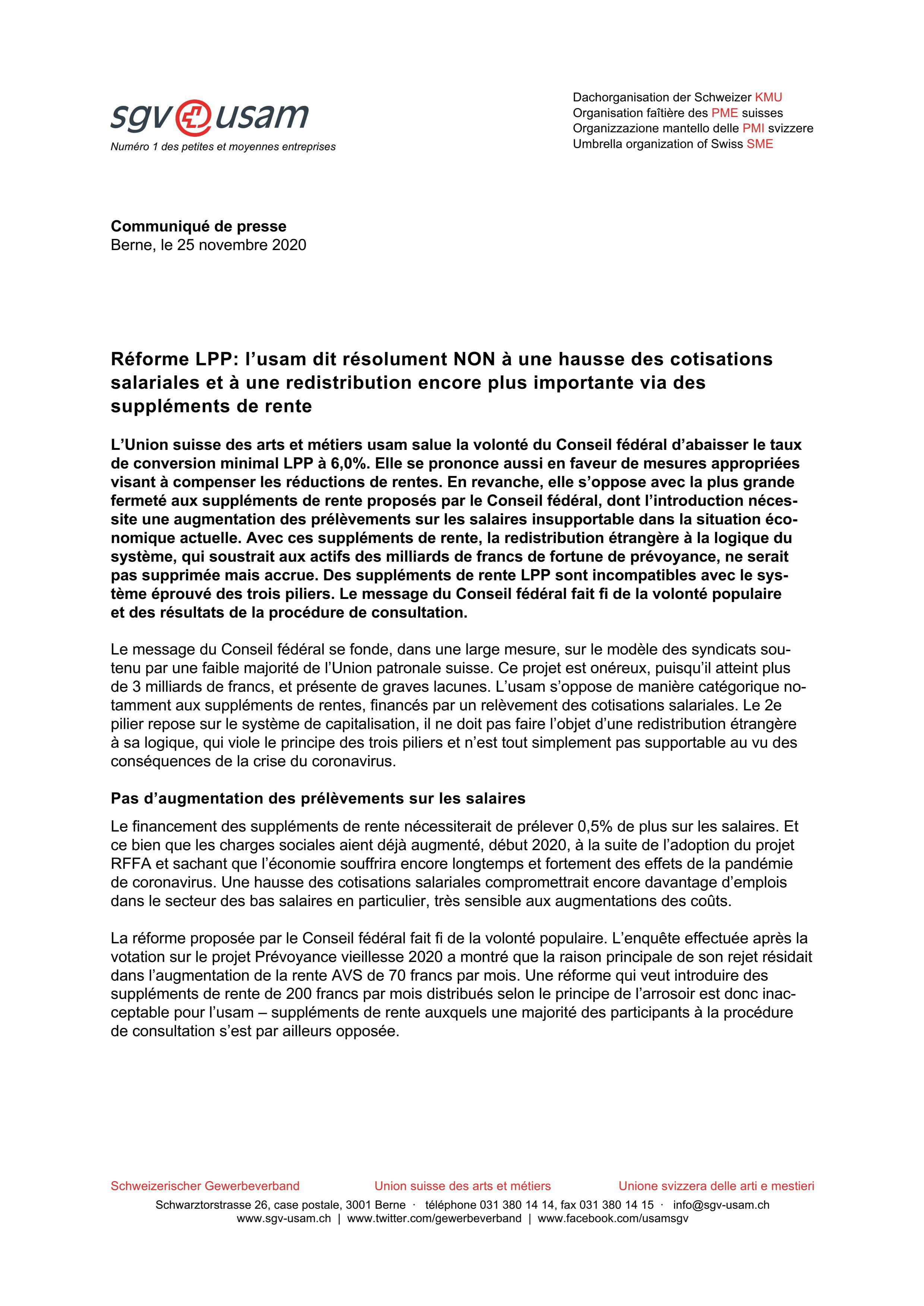 Réforme LPP: l’usam dit résolument NON à une hausse des cotisations salariales et à une redistribution encore plus importante via des suppléments de rente