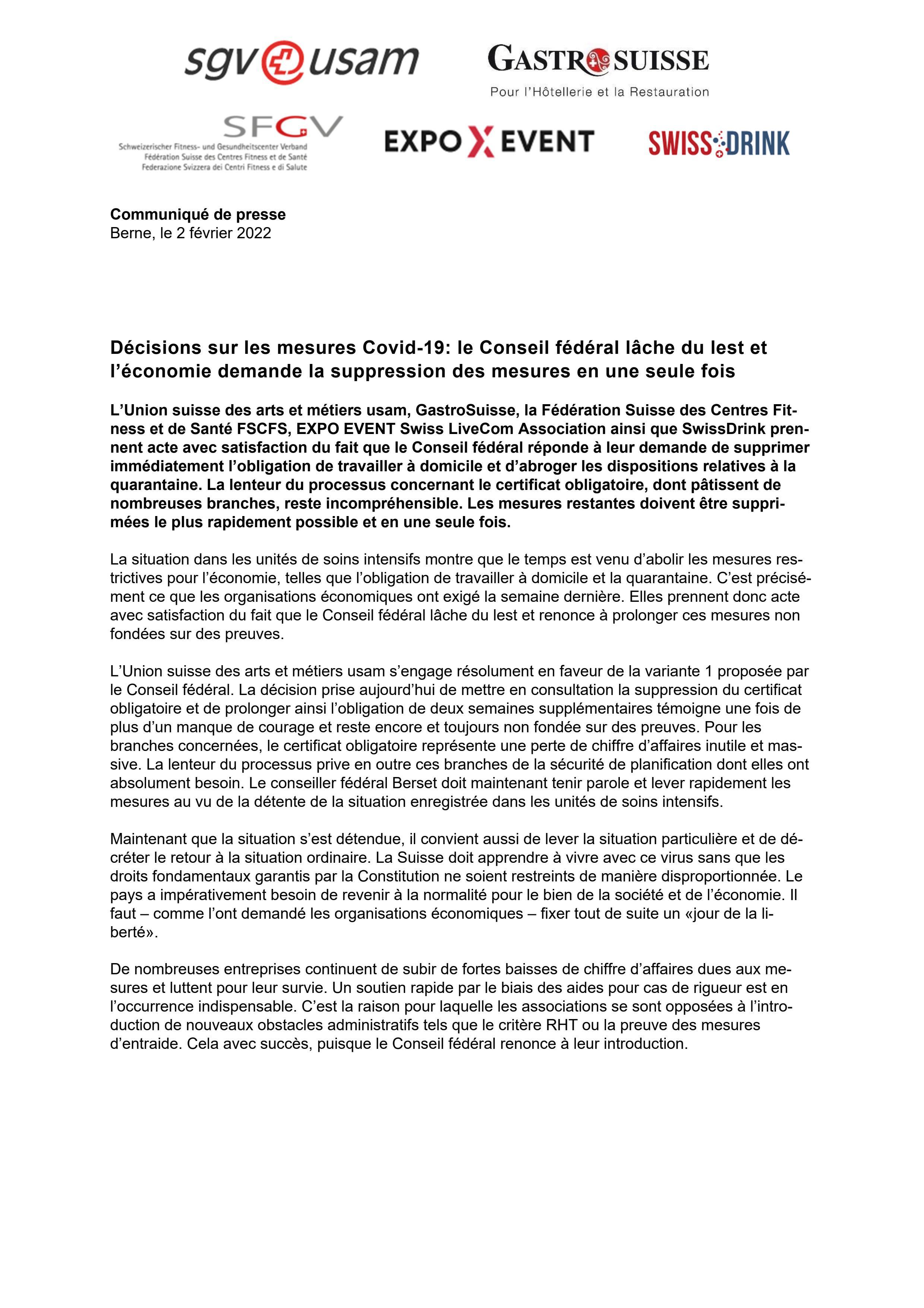 Décisions sur les mesures Covid-19: le Conseil fédéral lâche du lest et l’économie demande la suppression des mesures en une seule fois