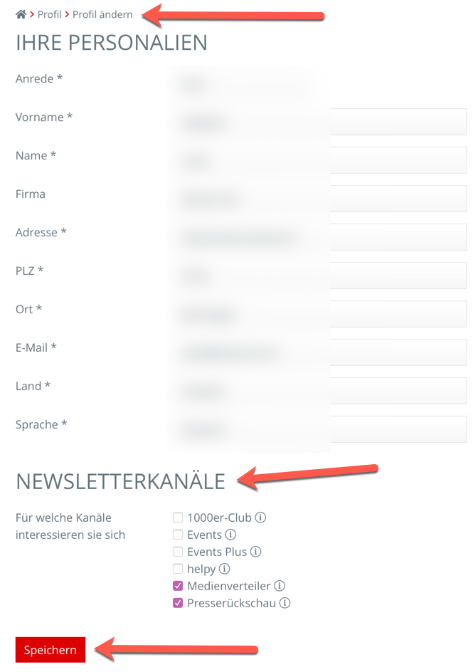 In Ihrem Profil haben Sie die Möglichkeit, Newsletter-Kanäle differenziert zu abonnieren bzw. zu kündigen. Zudem können Sie Ihre thematischen Präferenzen (Schwerpunkte) festlegen.