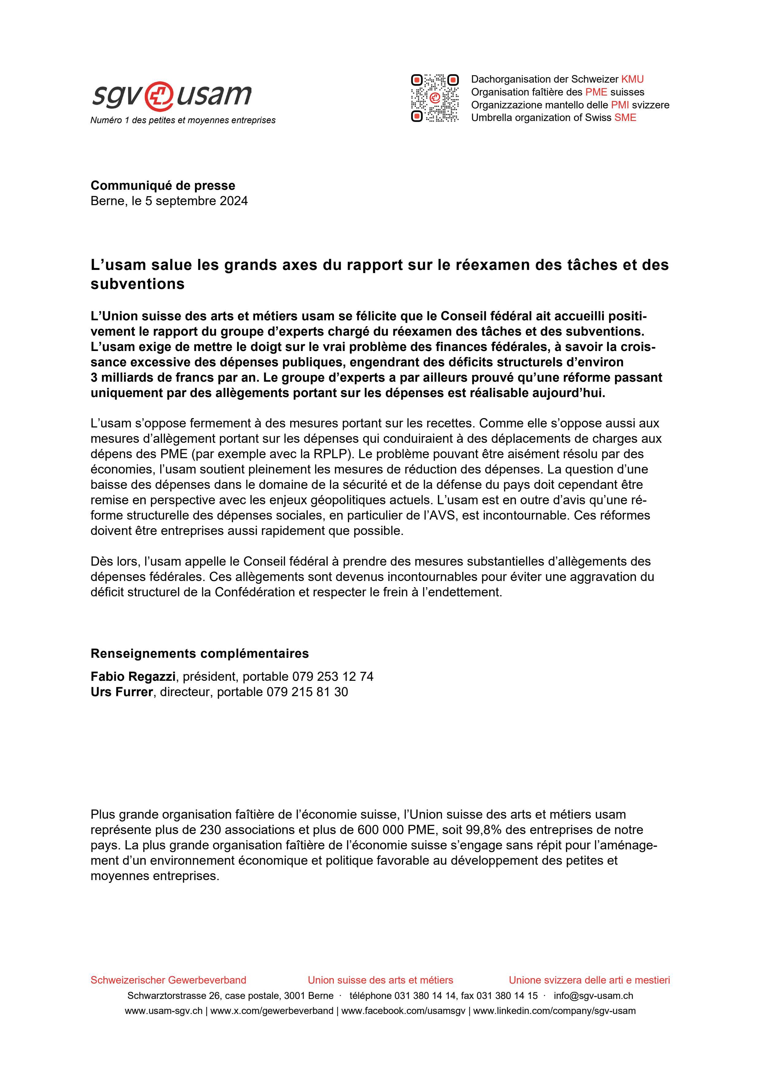 L’usam salue les grands axes du rapport sur le réexamen des tâches et des subventions