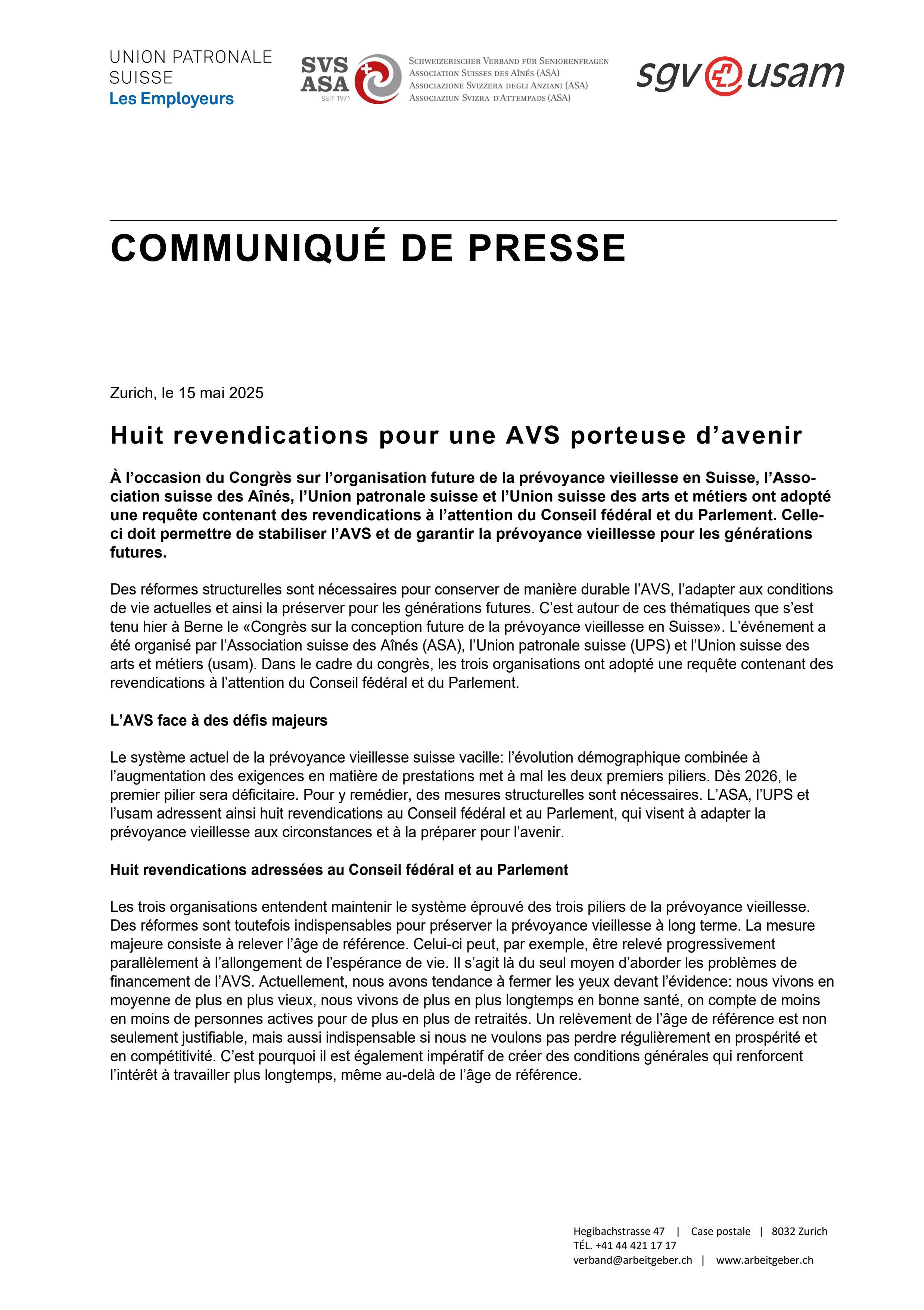 Huit revendications pour une AVS porteuse d’avenir