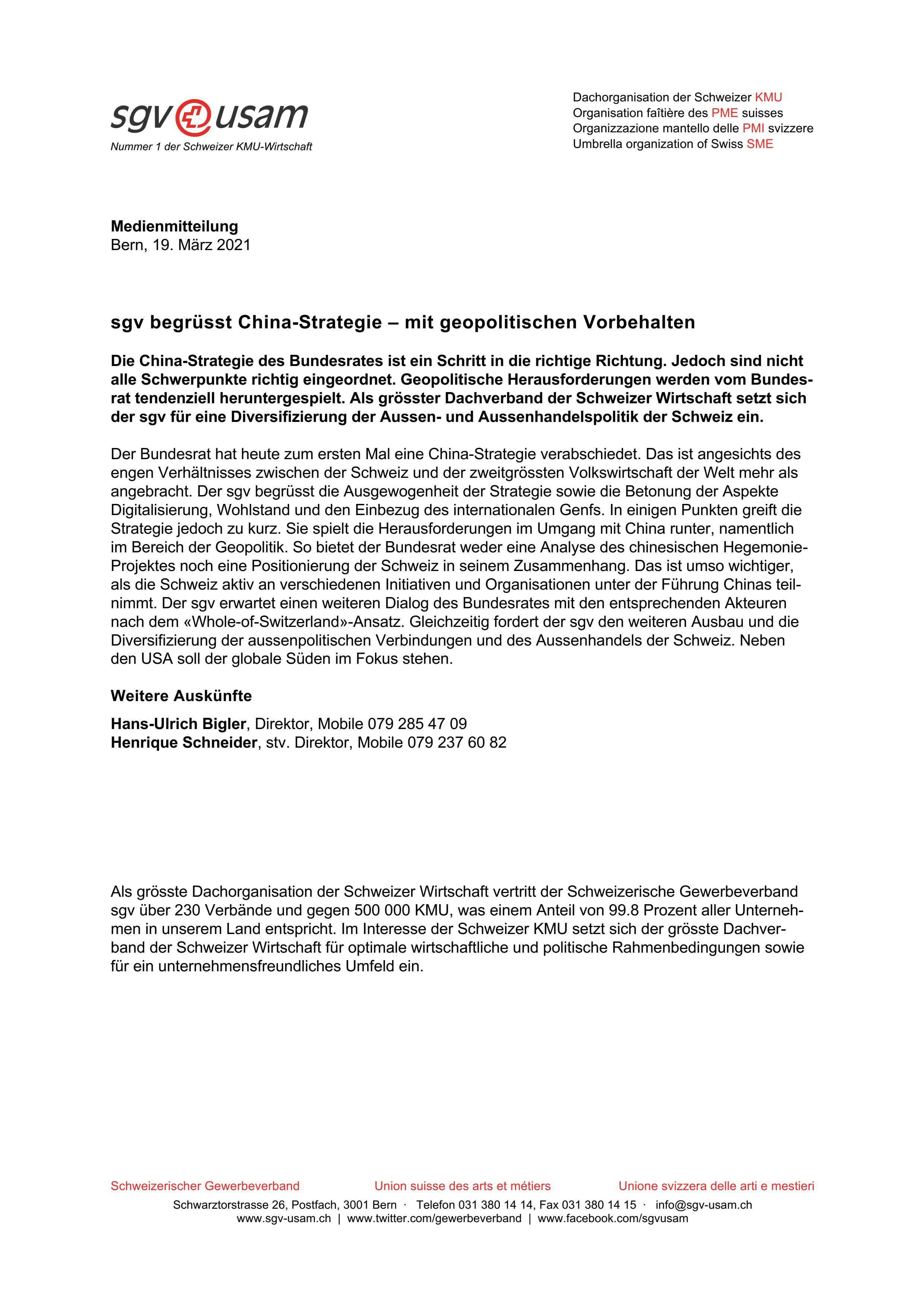 sgv begrüsst China-Strategie – mit geopolitischen Vorbehalten