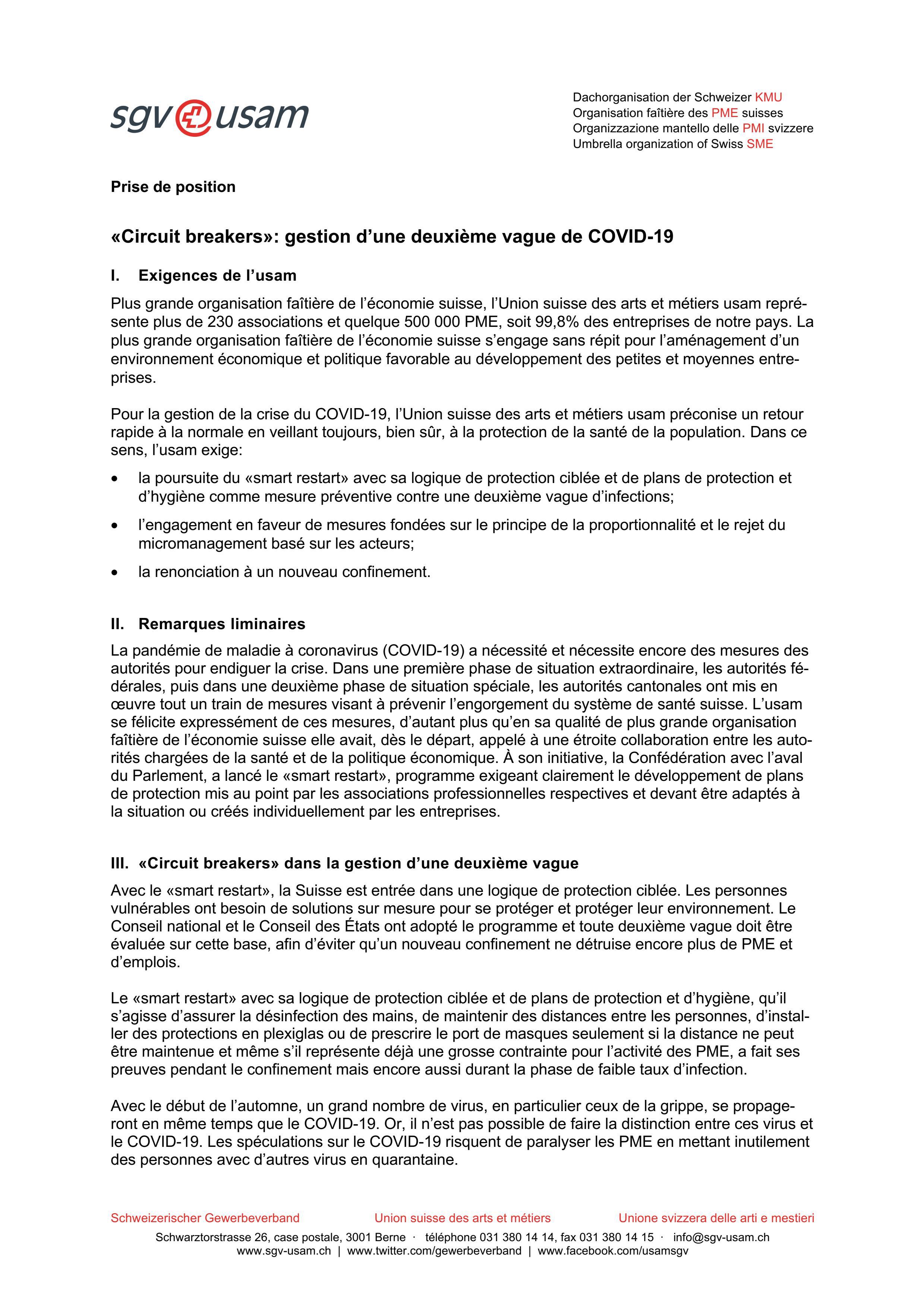  Prise de position «Circuit breakers»: gestion d’une deuxième vague de COVID-19