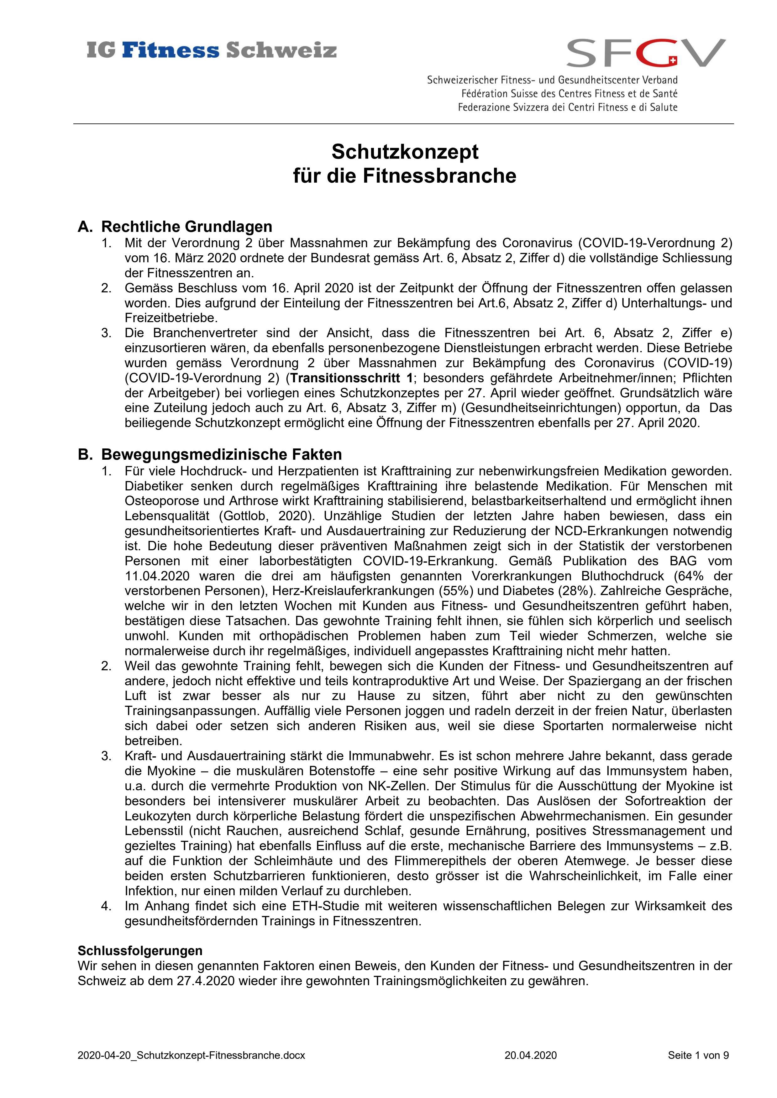  Konzept «Smart Restart» Fitnessbranche, SFGV & IG Fitness Schweiz (disponible en allemand seulement)