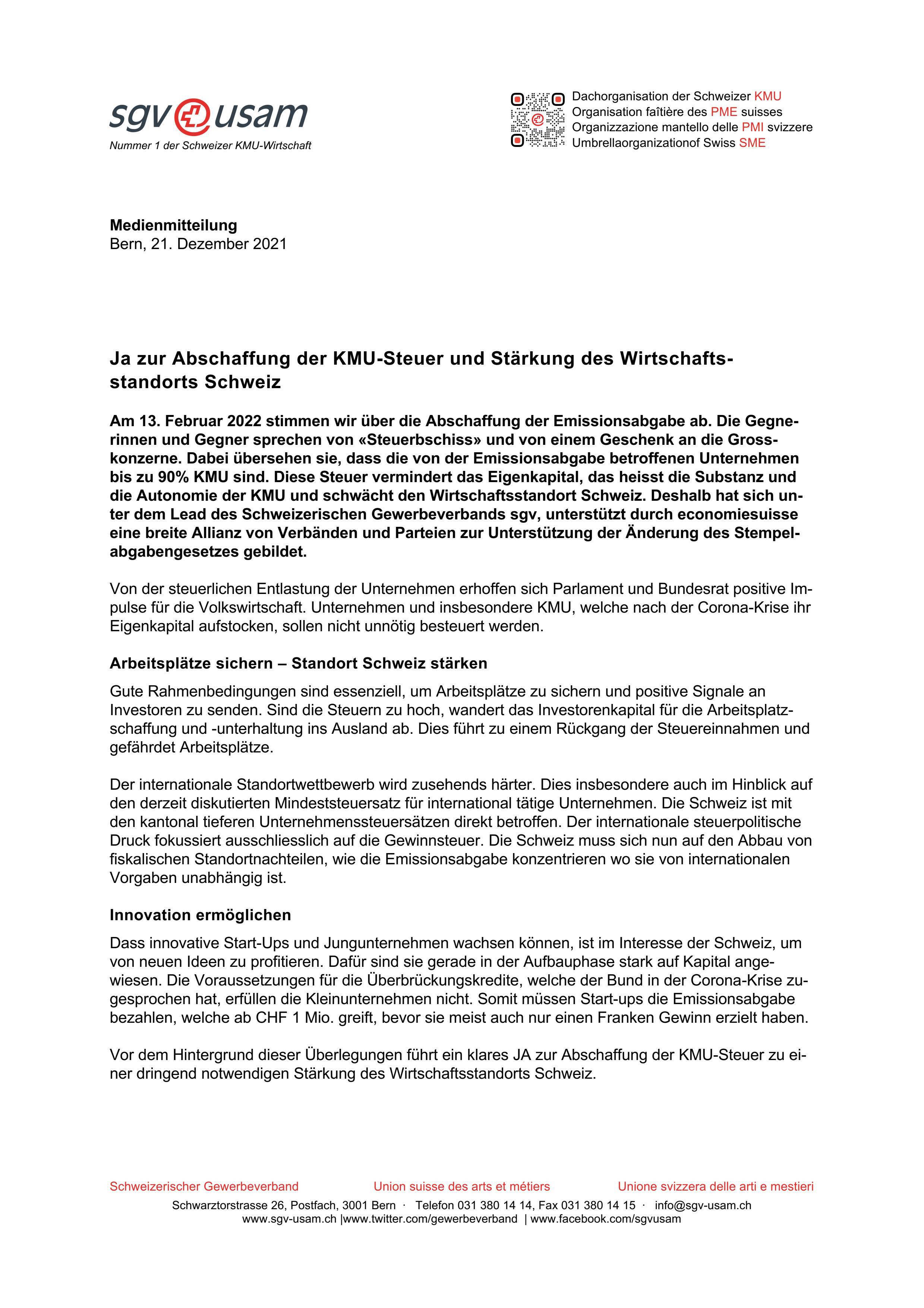 Ja zur Abschaffung der KMU-Steuer und Stärkung des Wirtschaftsstandorts Schweiz