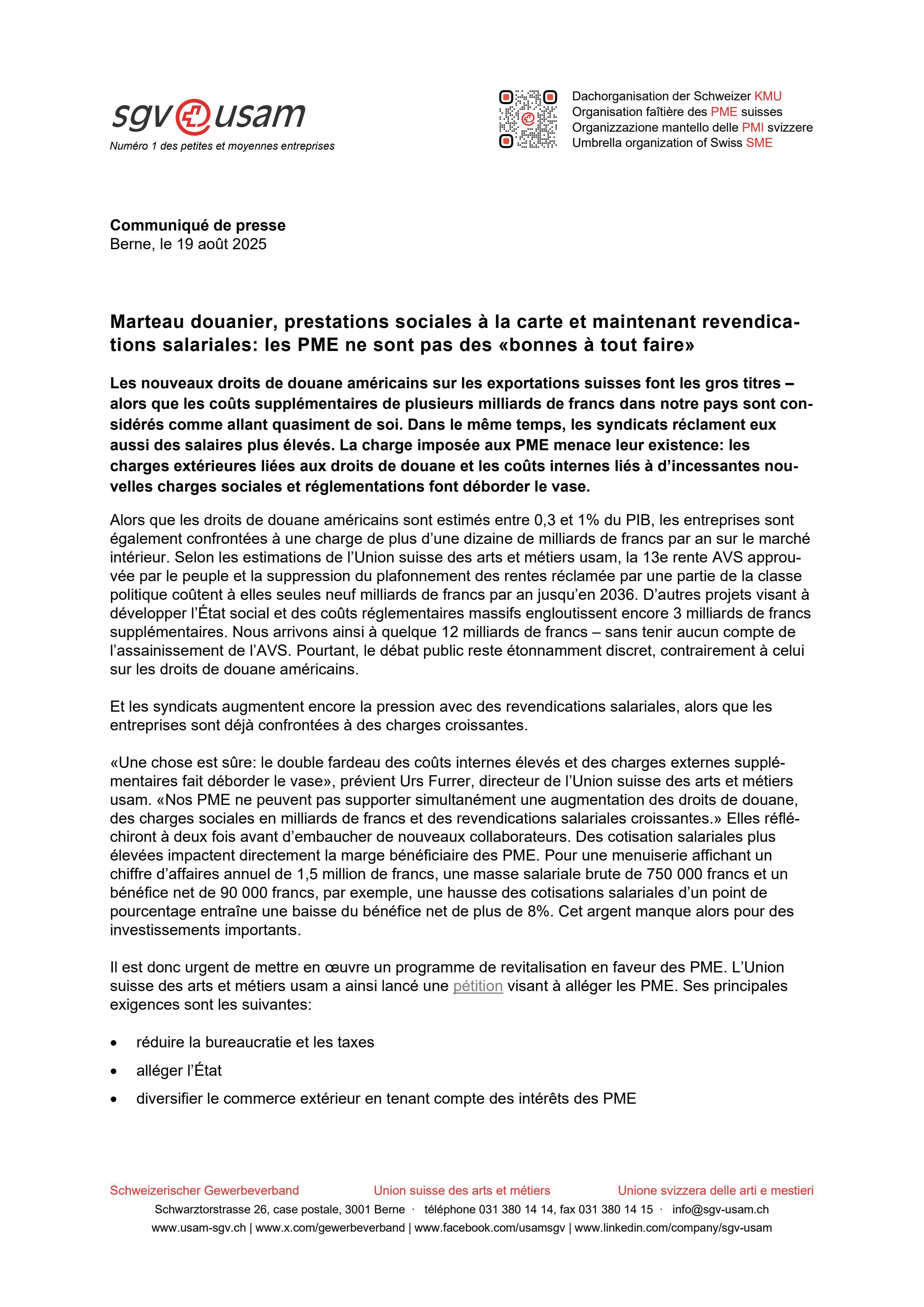 Marteau douanier, prestations sociales à la carte et maintenant revendications salariales: les PME ne sont pas des «bonnes à tout faire»