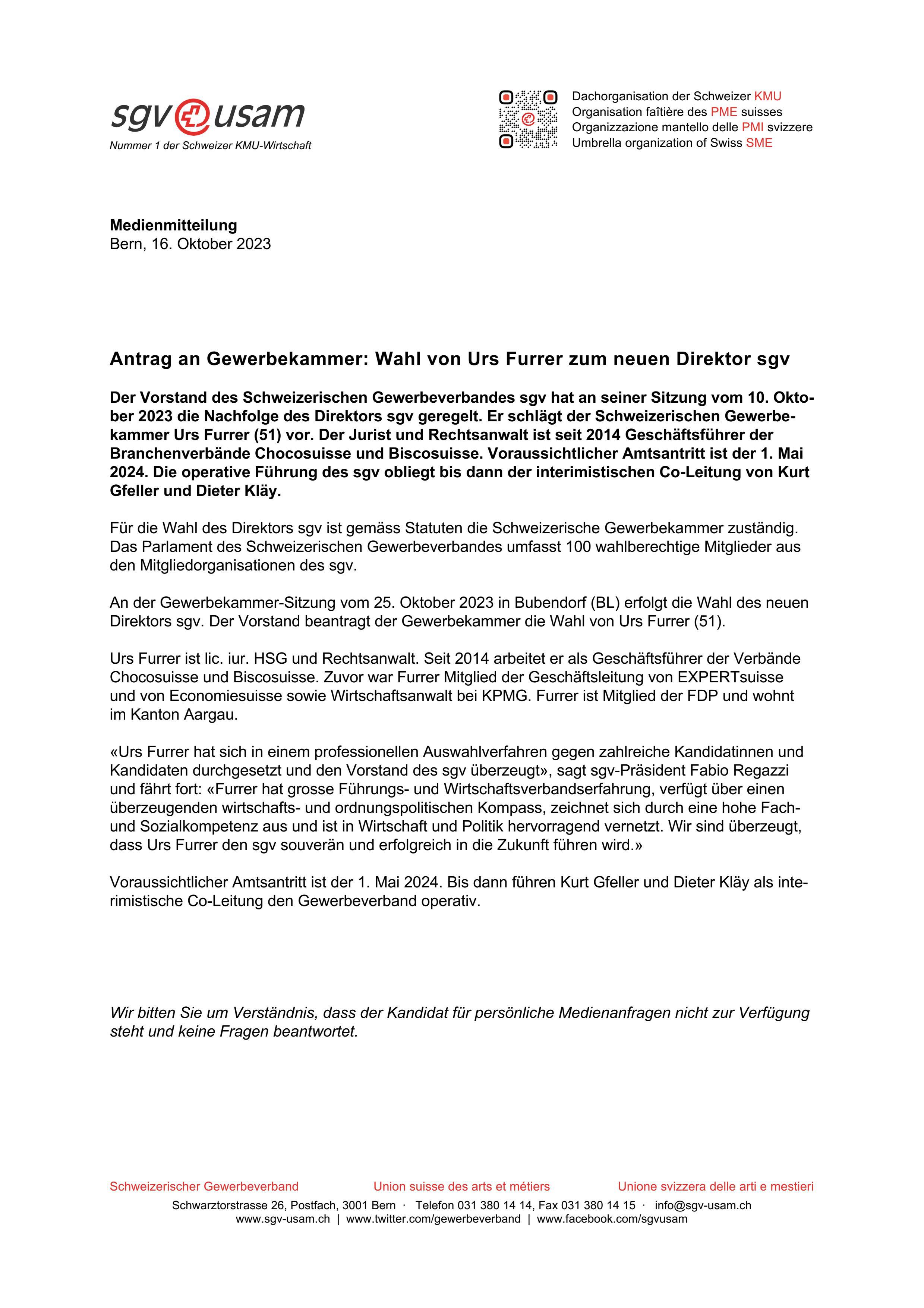 Antrag an Gewerbekammer: Wahl von Urs Furrer zum neuen Direktor sgv