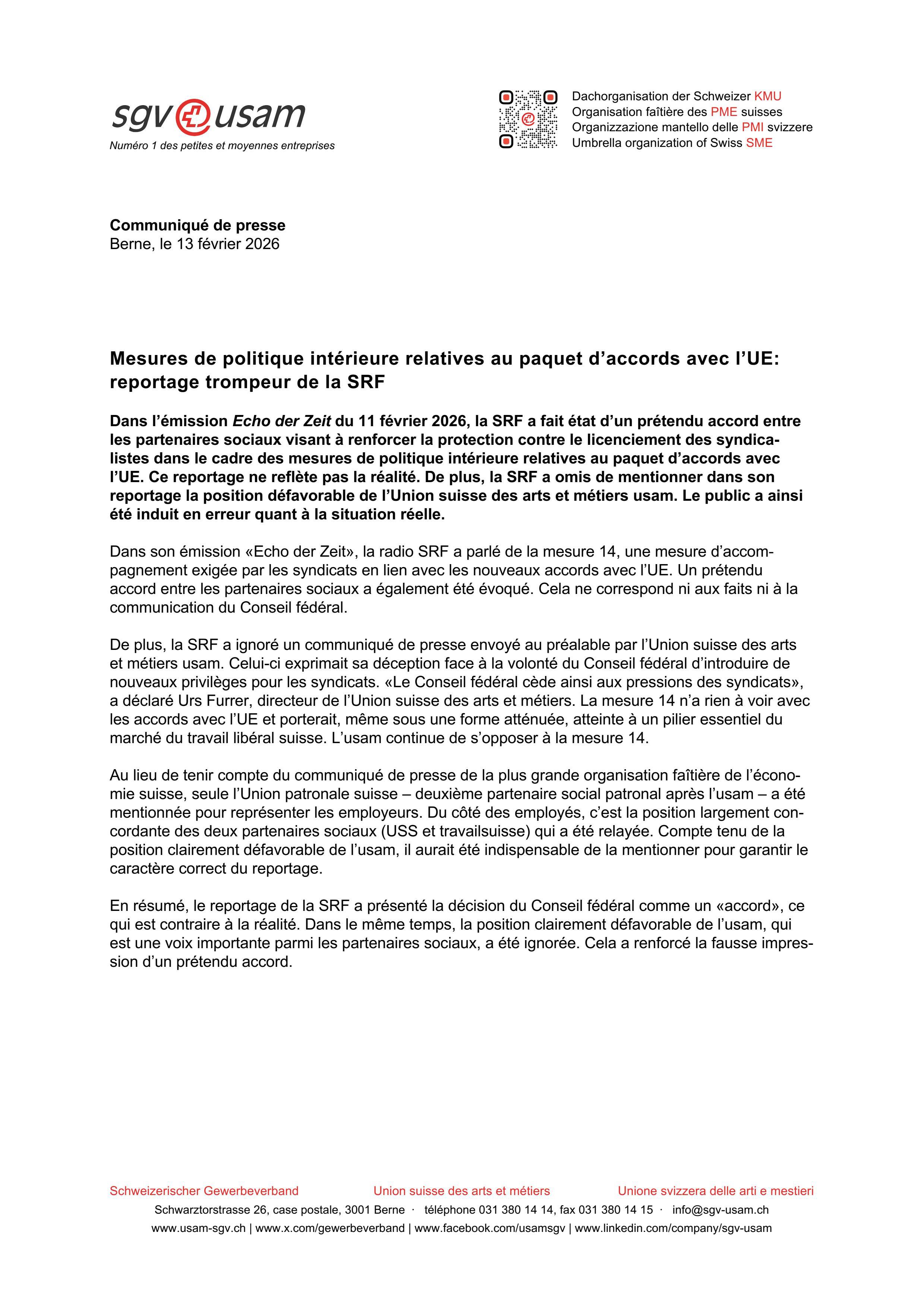 Mesures de politique intérieure relatives au paquet d’accords avec l’UE: reportage trompeur de la SRF