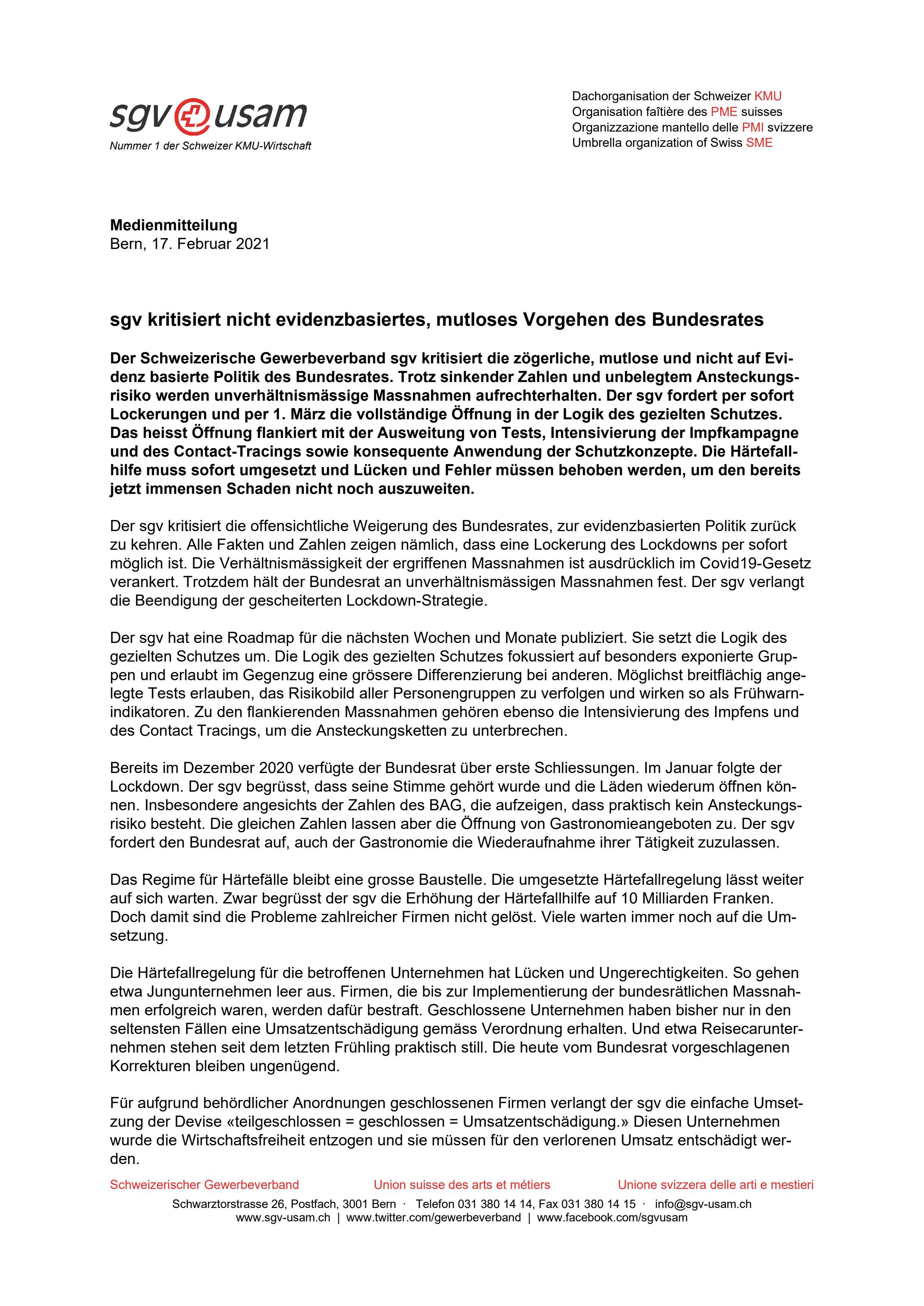 sgv kritisiert nicht evidenzbasiertes, mutloses Vorgehen des Bundesrates