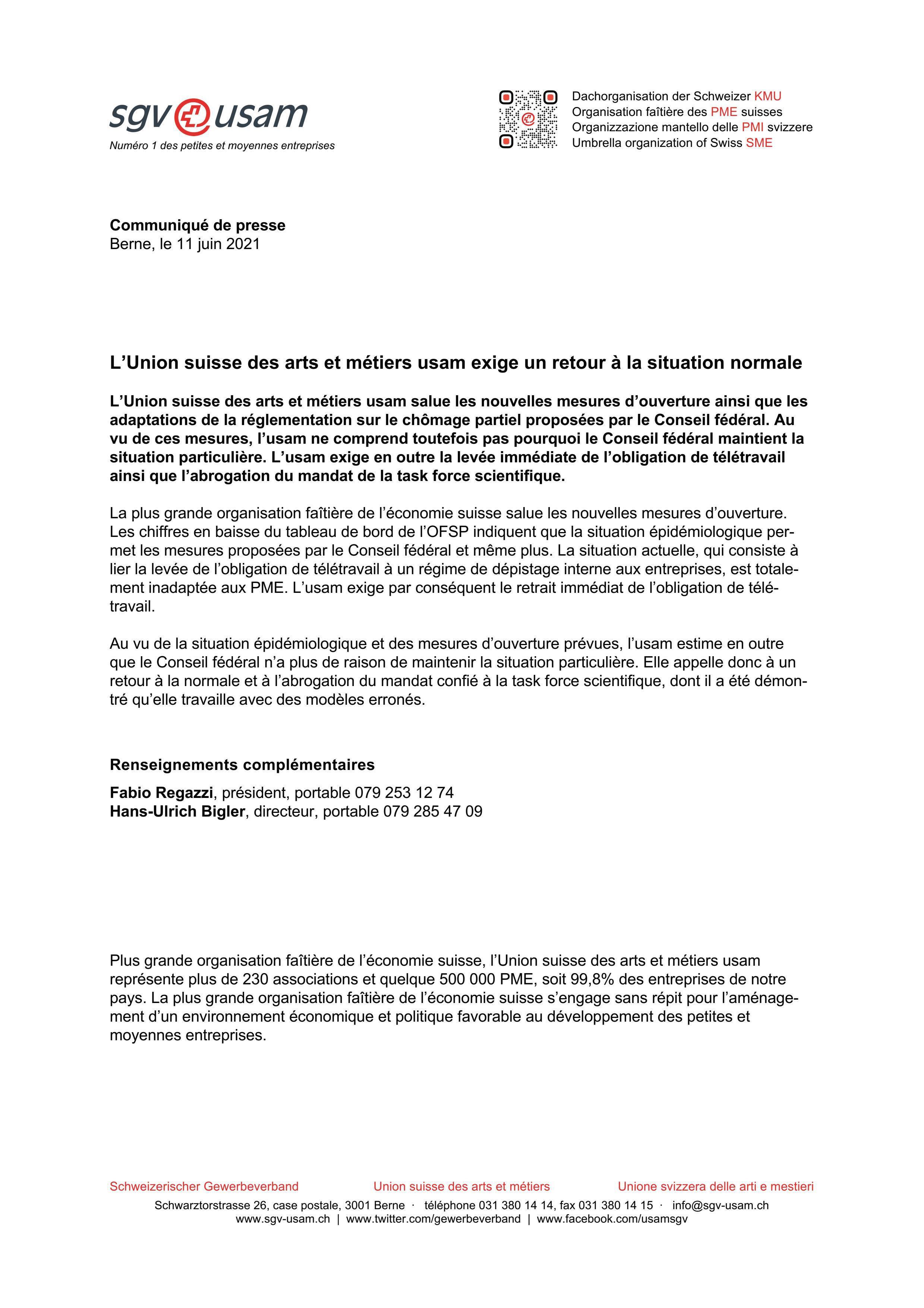 L’Union suisse des arts et métiers usam exige un retour à la situation normale