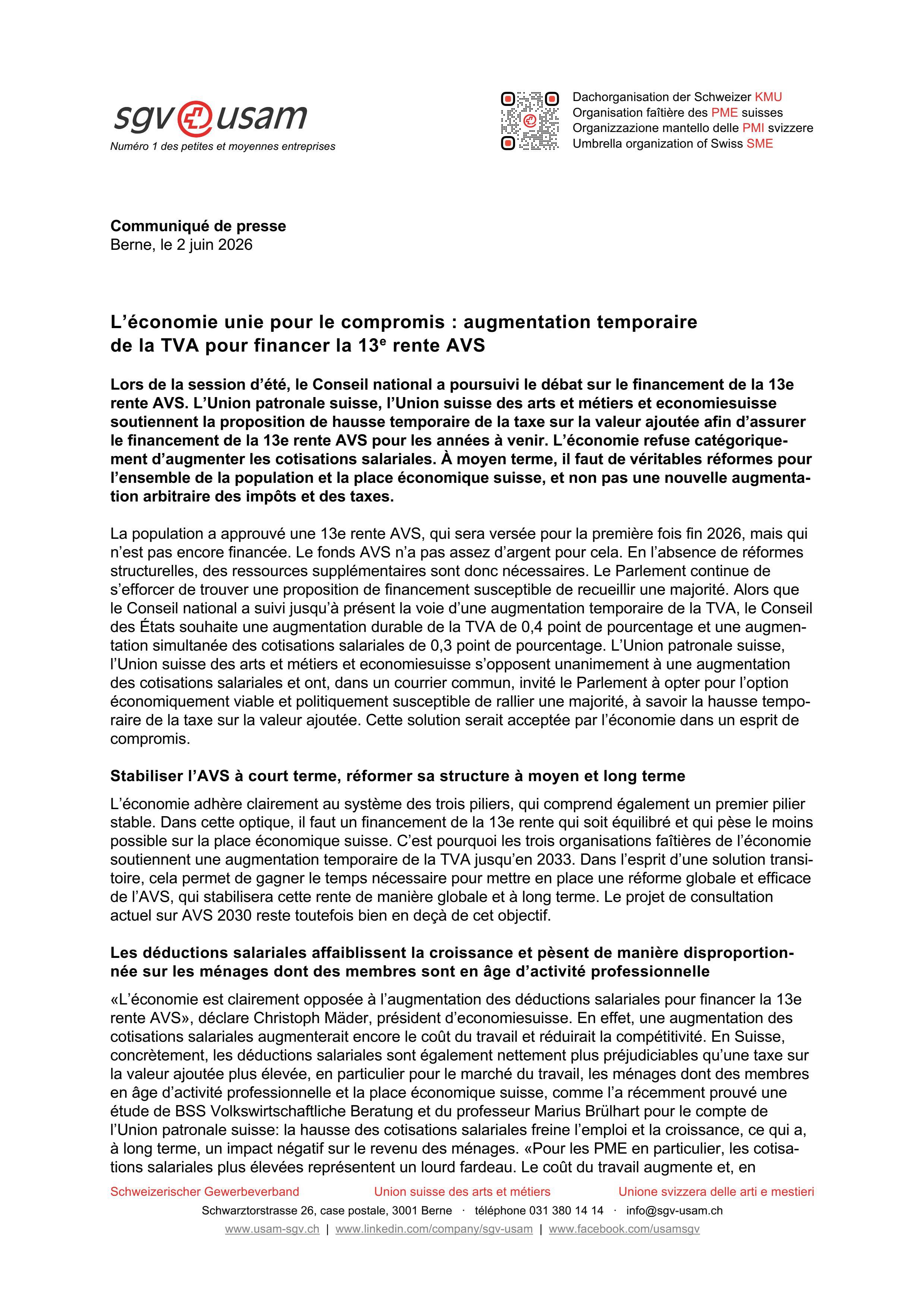 L’économie unie pour le compromis: augmentation temporaire de la TVA pour financer la 13e rente AVS