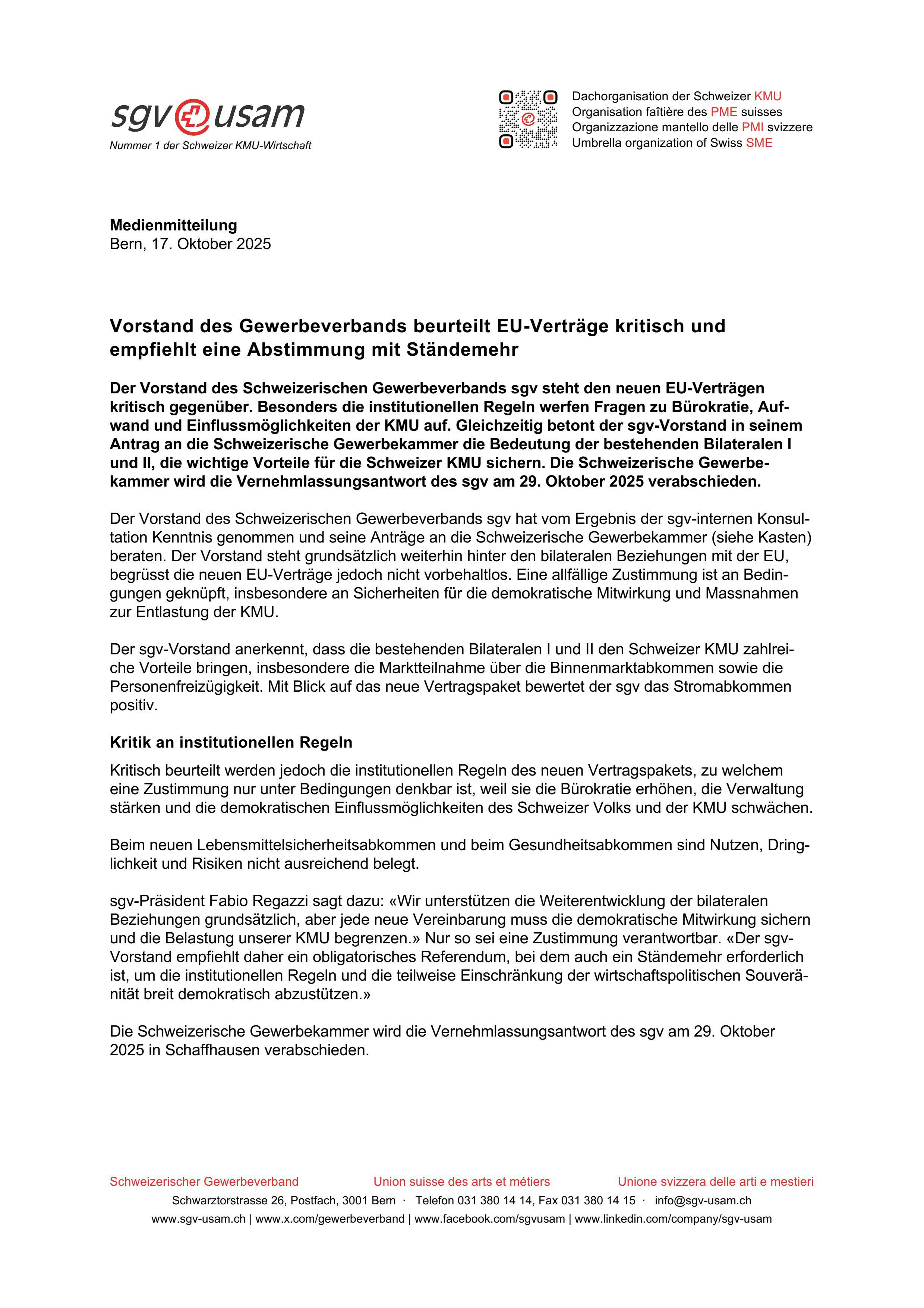 Vorstand des Gewerbeverbands beurteilt EU-Verträge kritisch und empfiehlt eine Abstimmung mit Ständemehr