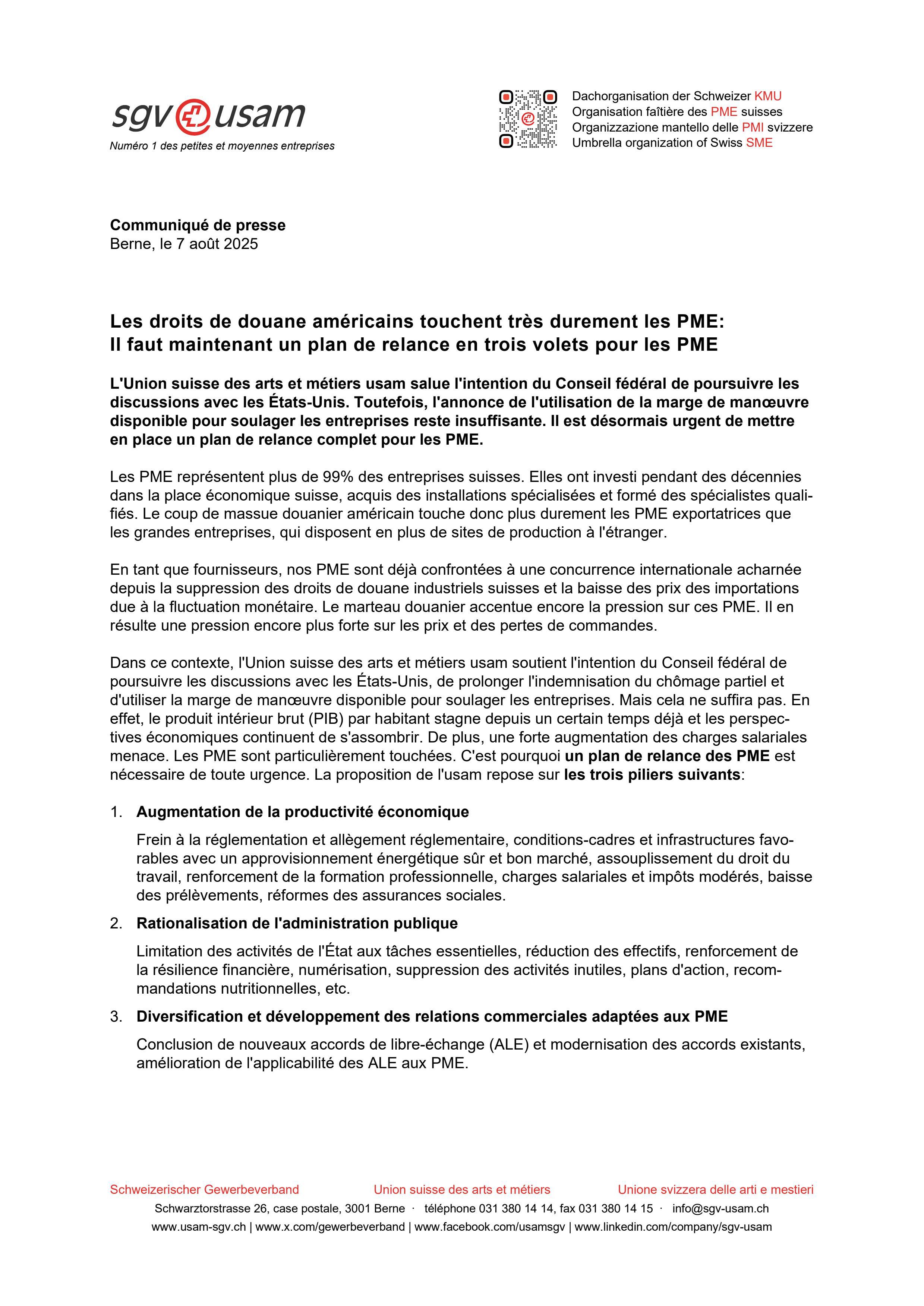 Les droits de douane américains touchent très durement les PME: Il faut maintenant un plan de relance en trois volets pour les PME