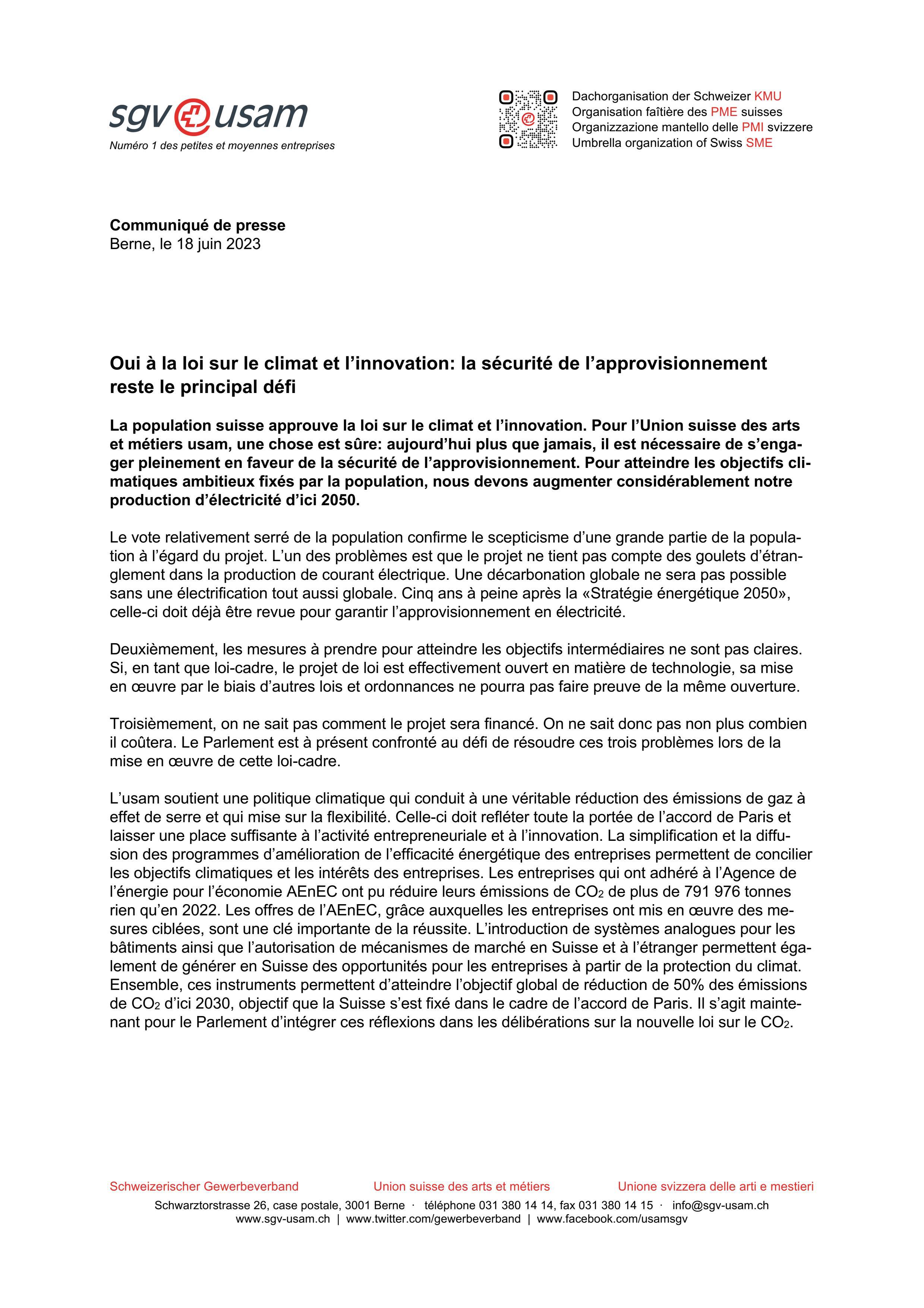 Oui à la loi sur le climat et l’innovation: la sécurité de l’approvisionnement reste le principal défi