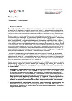  Prise de position Coronavirus : «smart restart»
