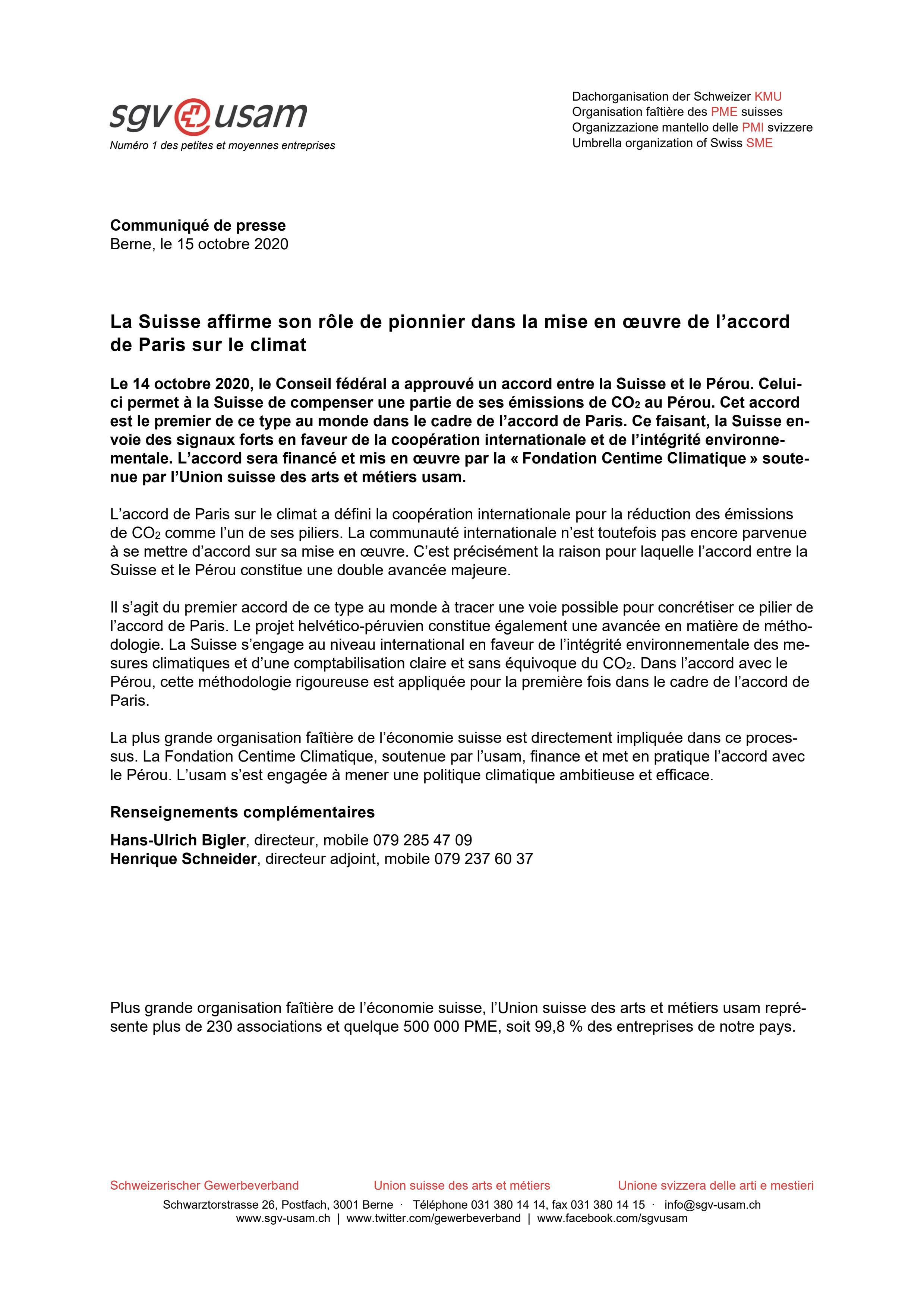 La Suisse affirme son rôle de pionnier dans la mise en oeuvre de l’accord de Paris sur le climat