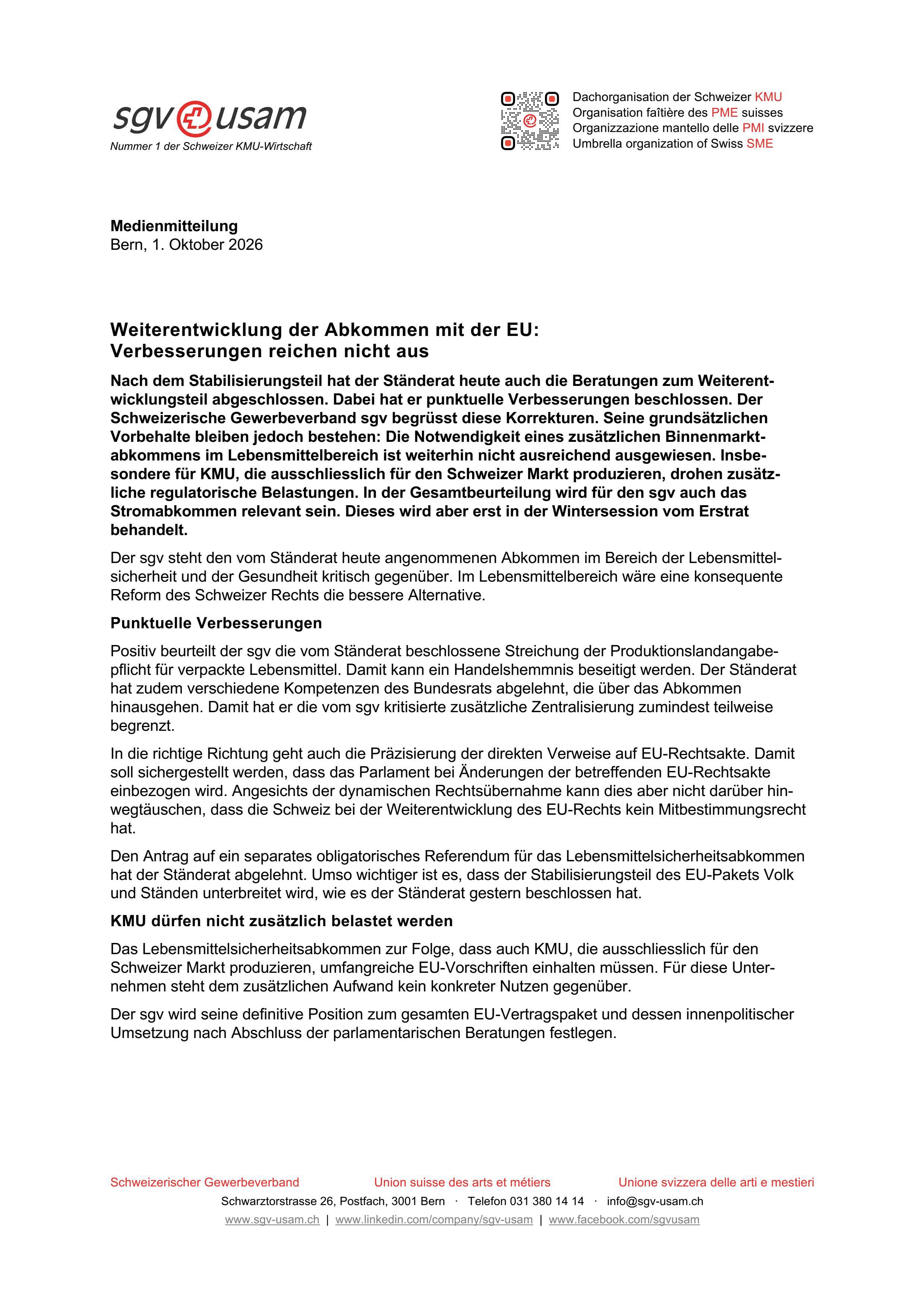 Weiterentwicklung der Abkommen mit der EU: Verbesserungen reichen nicht aus