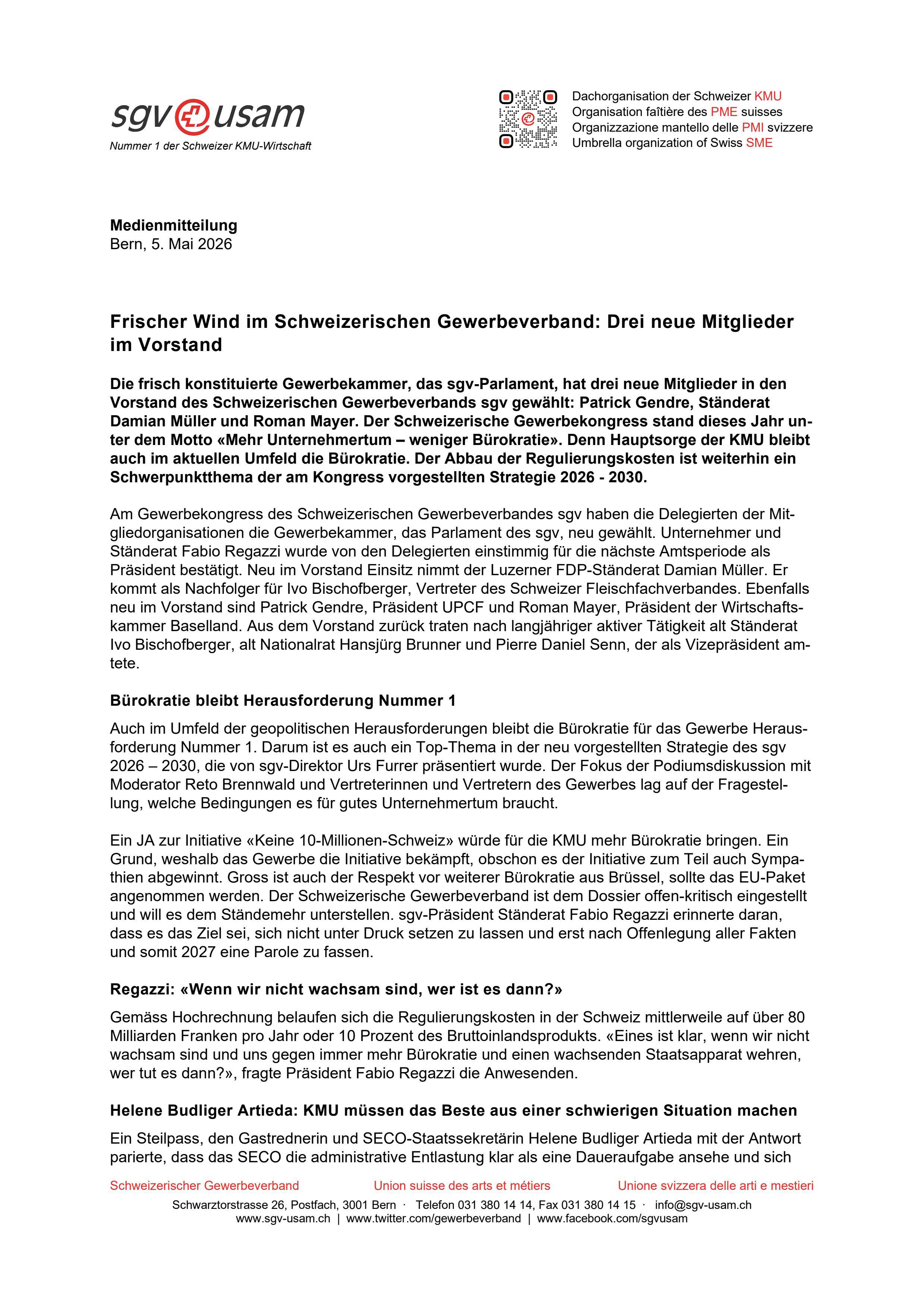 Frischer Wind im Schweizerischen Gewerbeverband: Drei neue Mitglieder im Vorstand