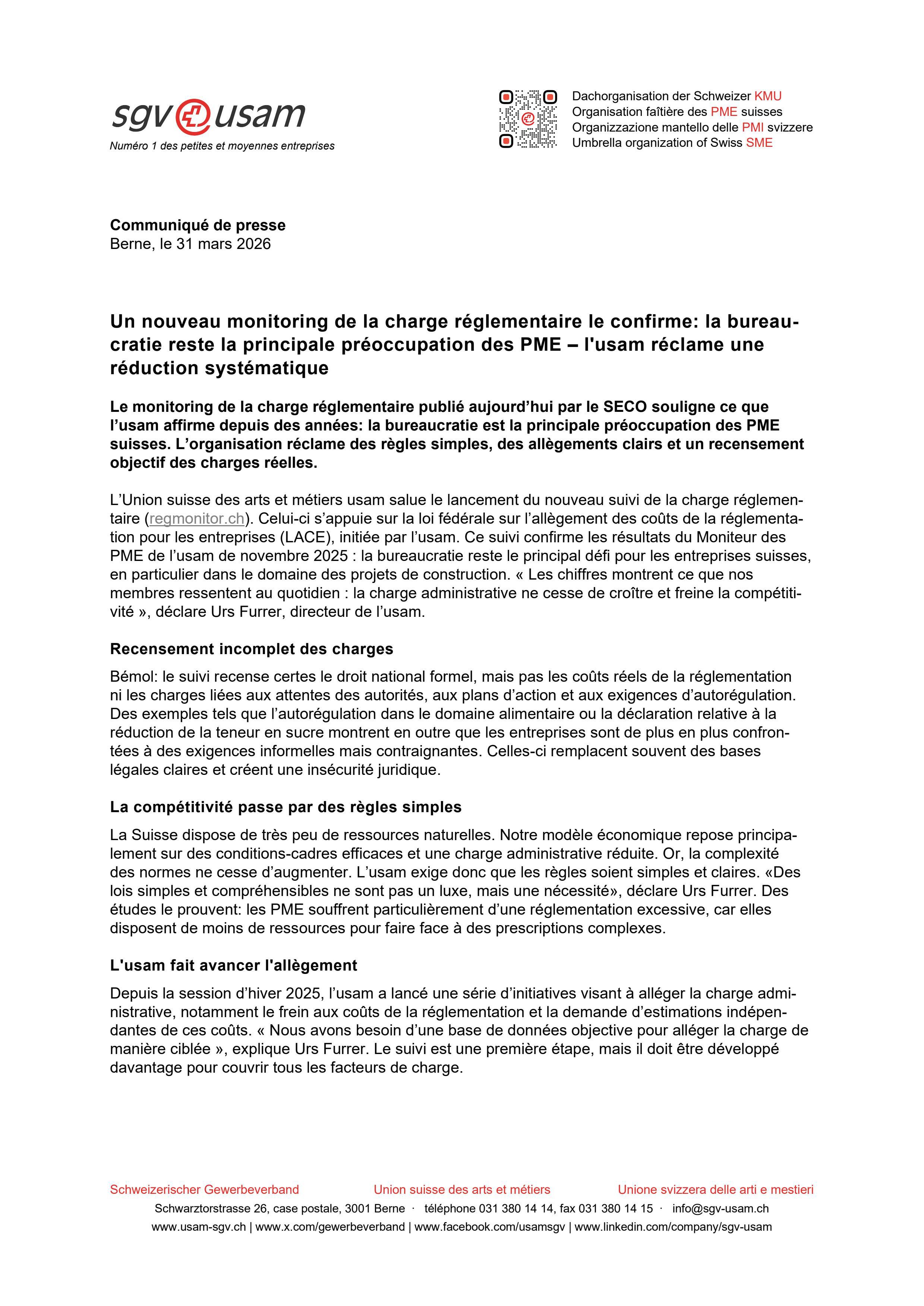 Un nouveau monitoring de la charge réglementaire le confirme: la bureau- cratie reste la principale préoccupation des PME – l'usam réclame une réduction systématique