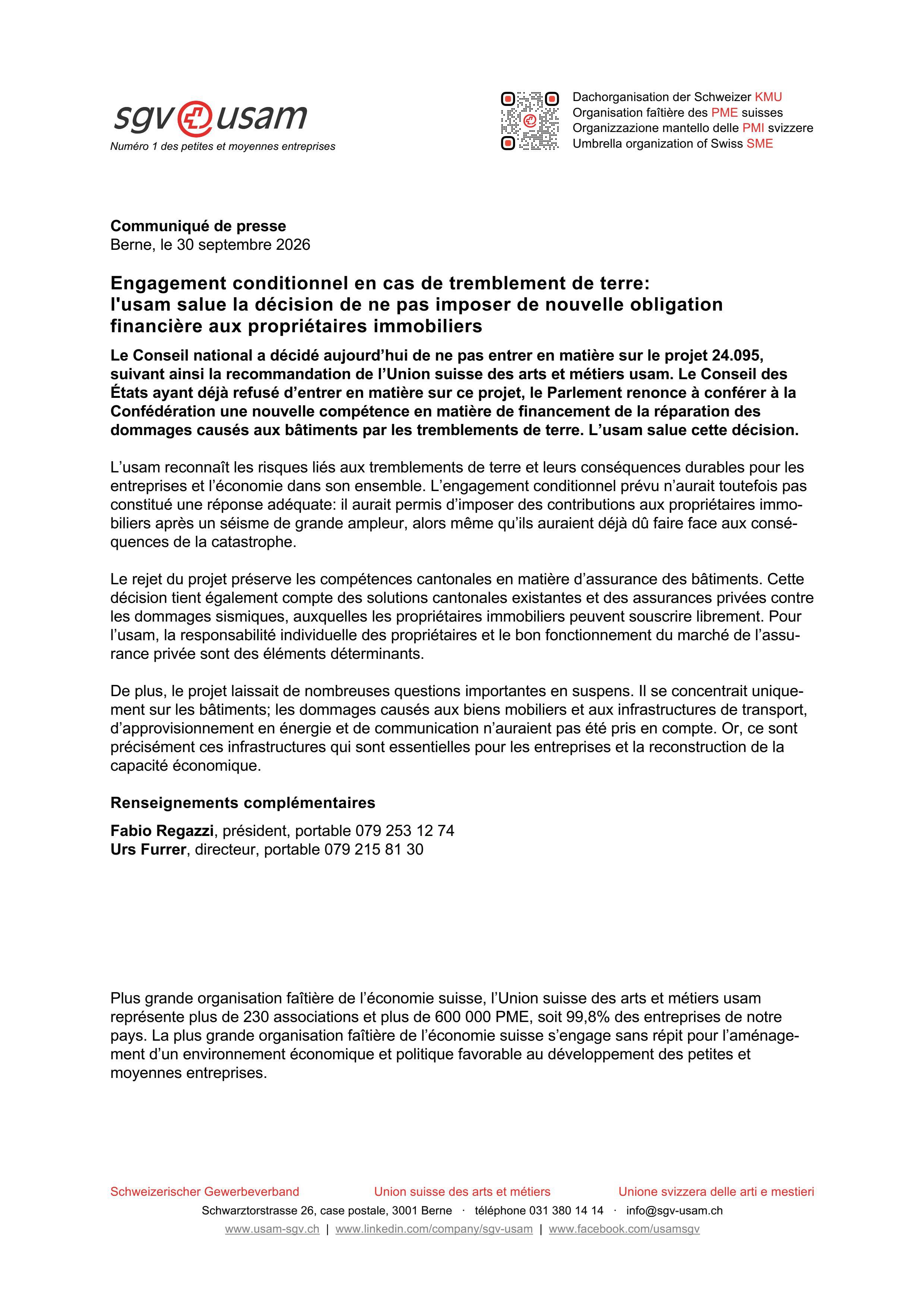Engagement conditionnel en cas de tremblement de terre: l'usam salue la décision de ne pas imposer de nouvelle obligation financière aux propriétaires immobiliers