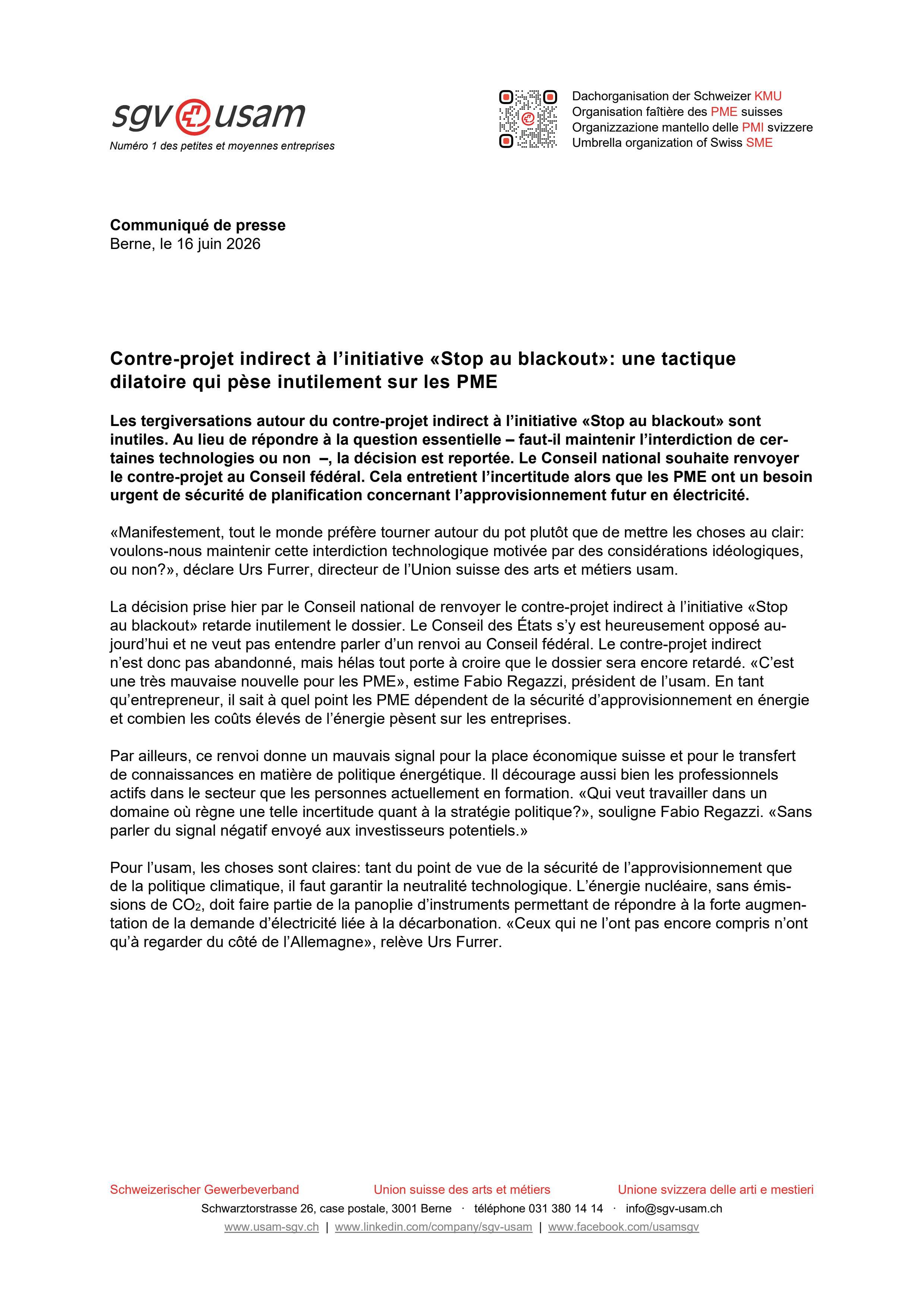 Contre-projet indirect à l’initiative «Stop au blackout»: une tactique dilatoire qui pèse inutilement sur les PME