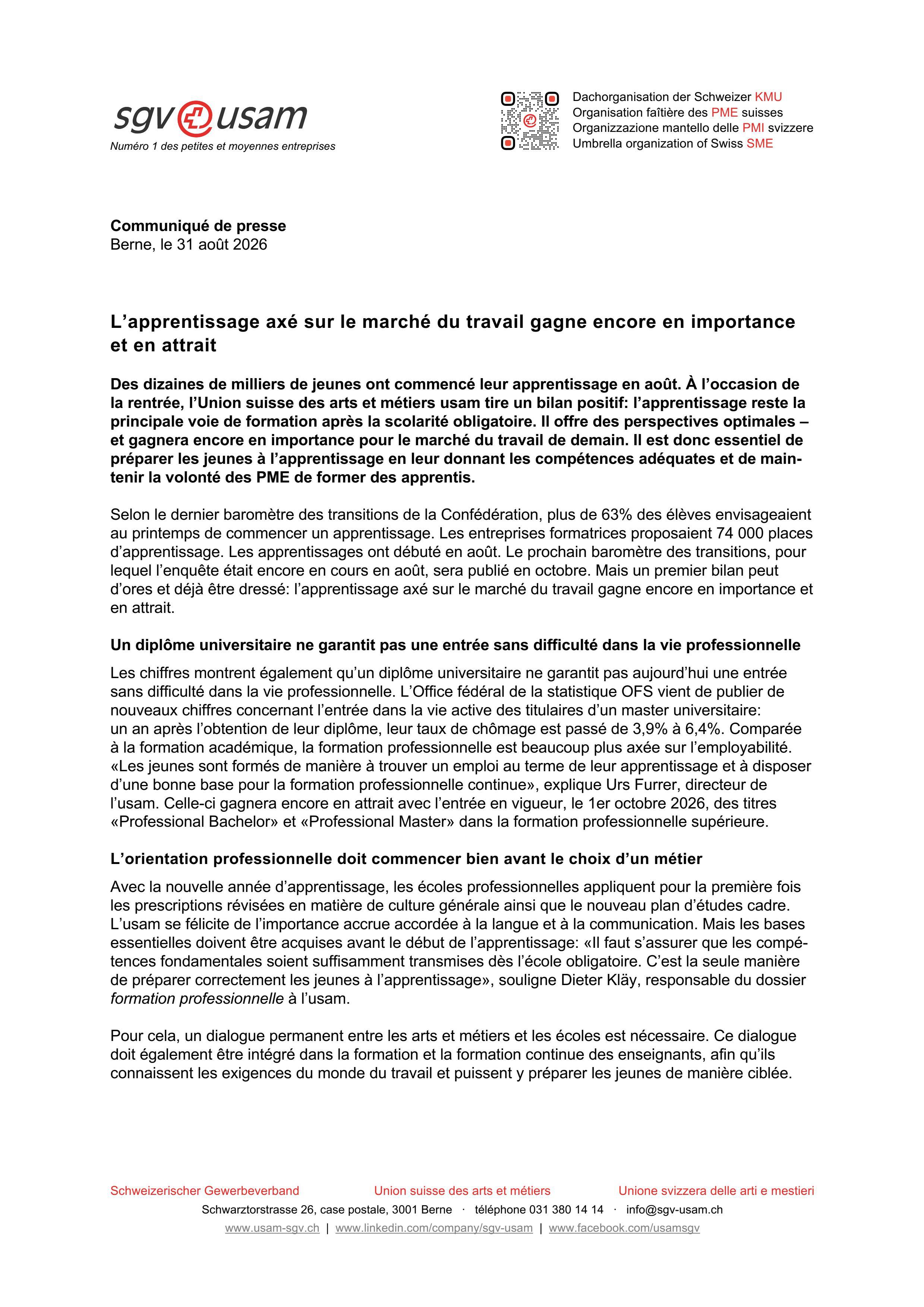 L’apprentissage axé sur le marché du travail gagne encore en importance et en attrait