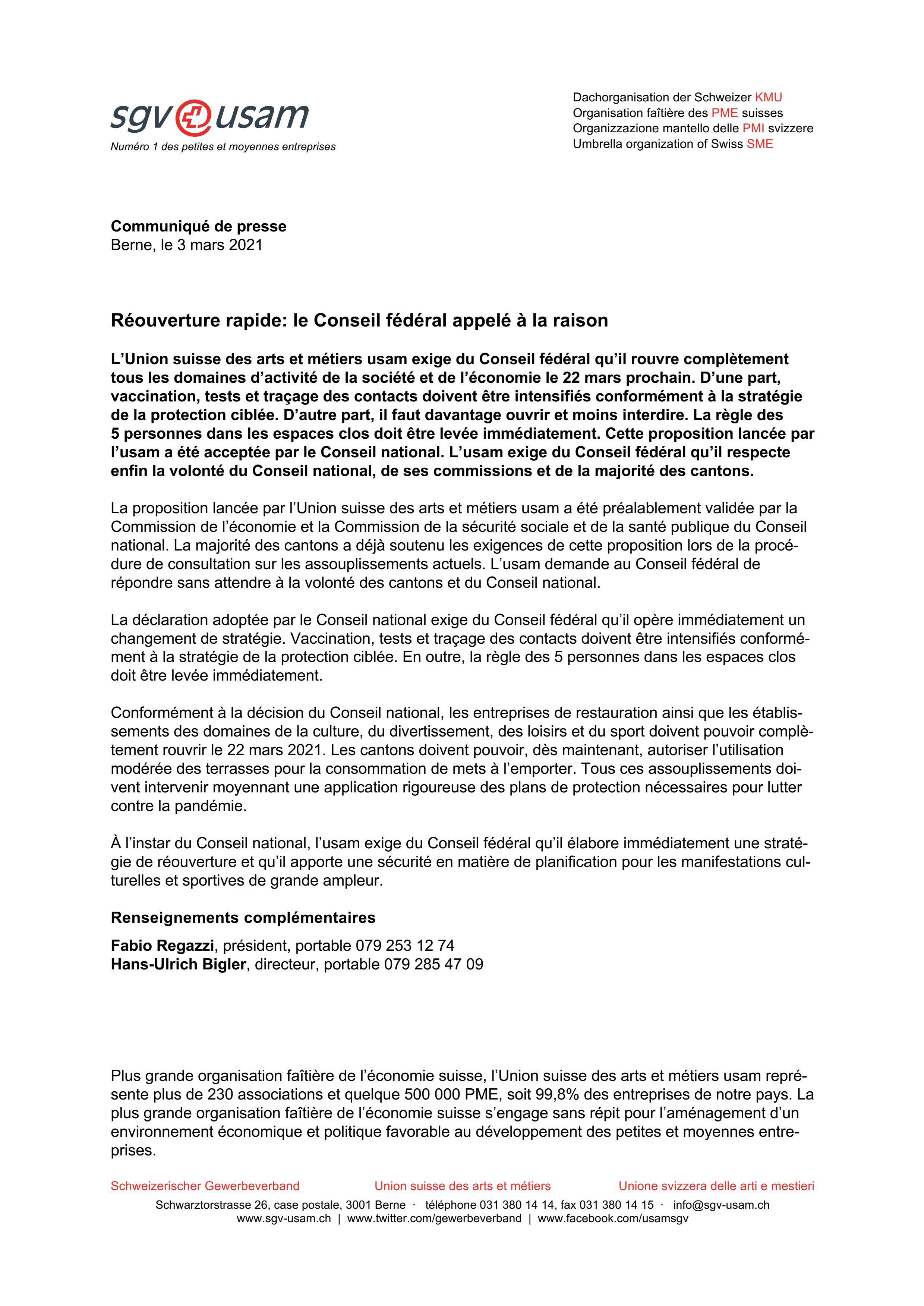 Réouverture rapide: le Conseil fédéral appelé à la raison