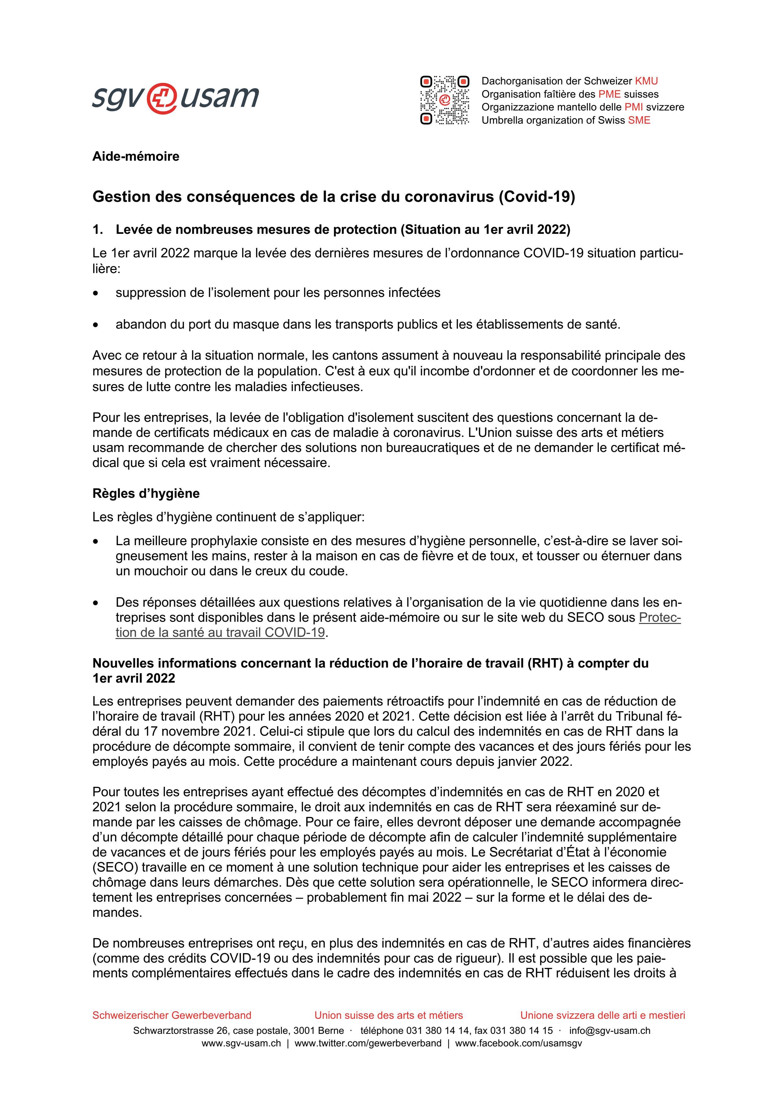  Aide-mémoire «Gestion des conséquences de la crise du coronavirus (Covid-19)» | Etat 1er avril 2022