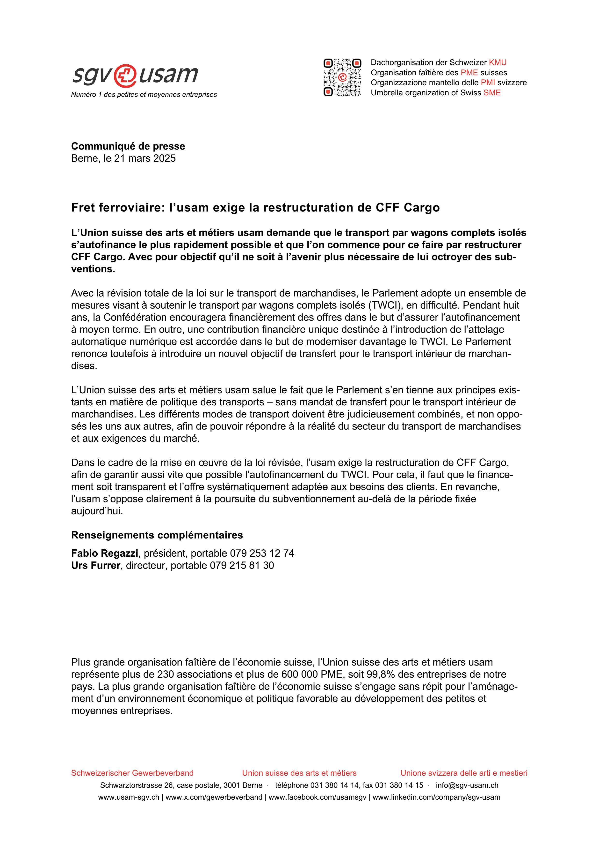 Fret ferroviaire: l’usam exige la restructuration de CFF Cargo