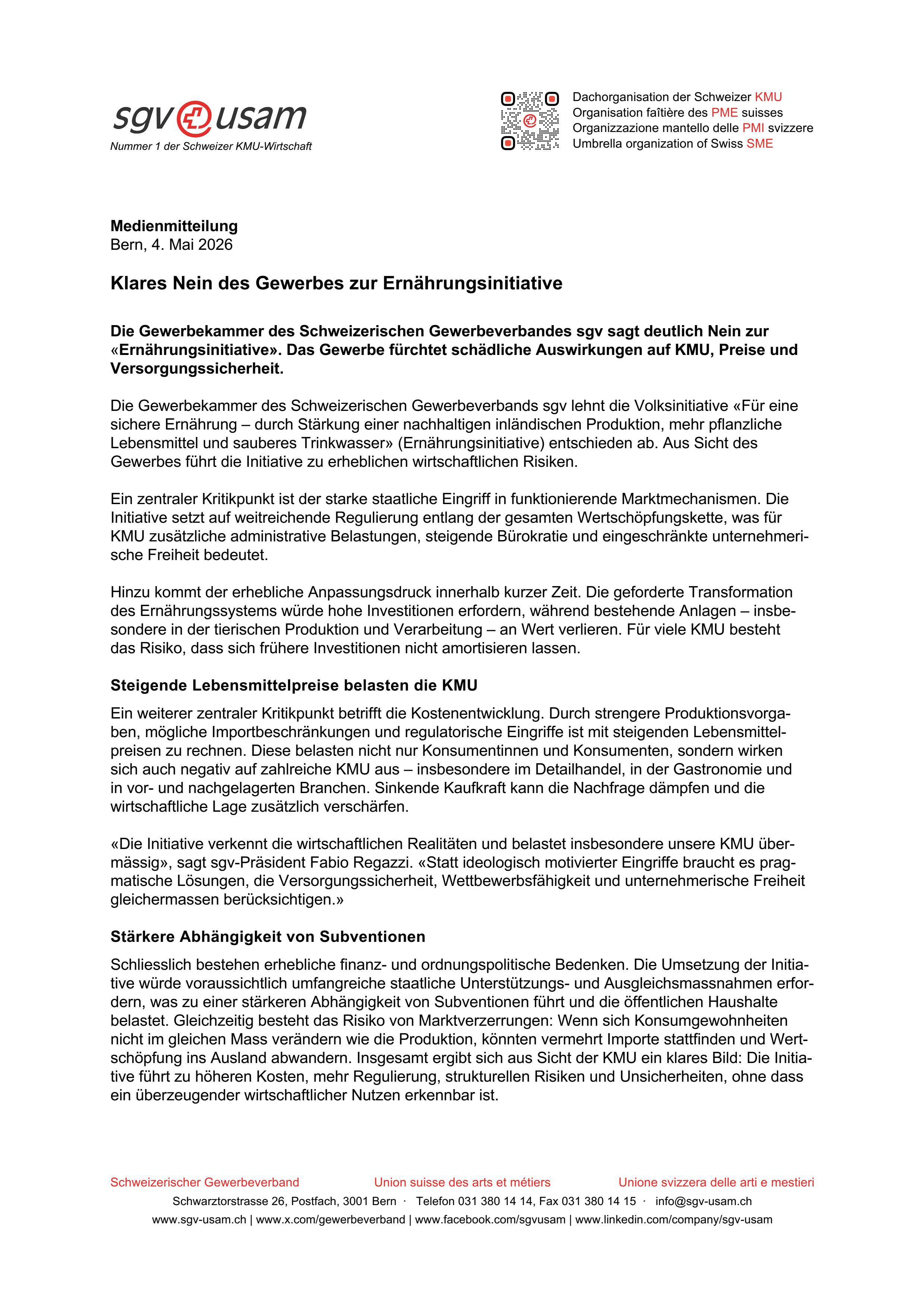 Klares Nein des Gewerbes zur Ernährungsinitiative