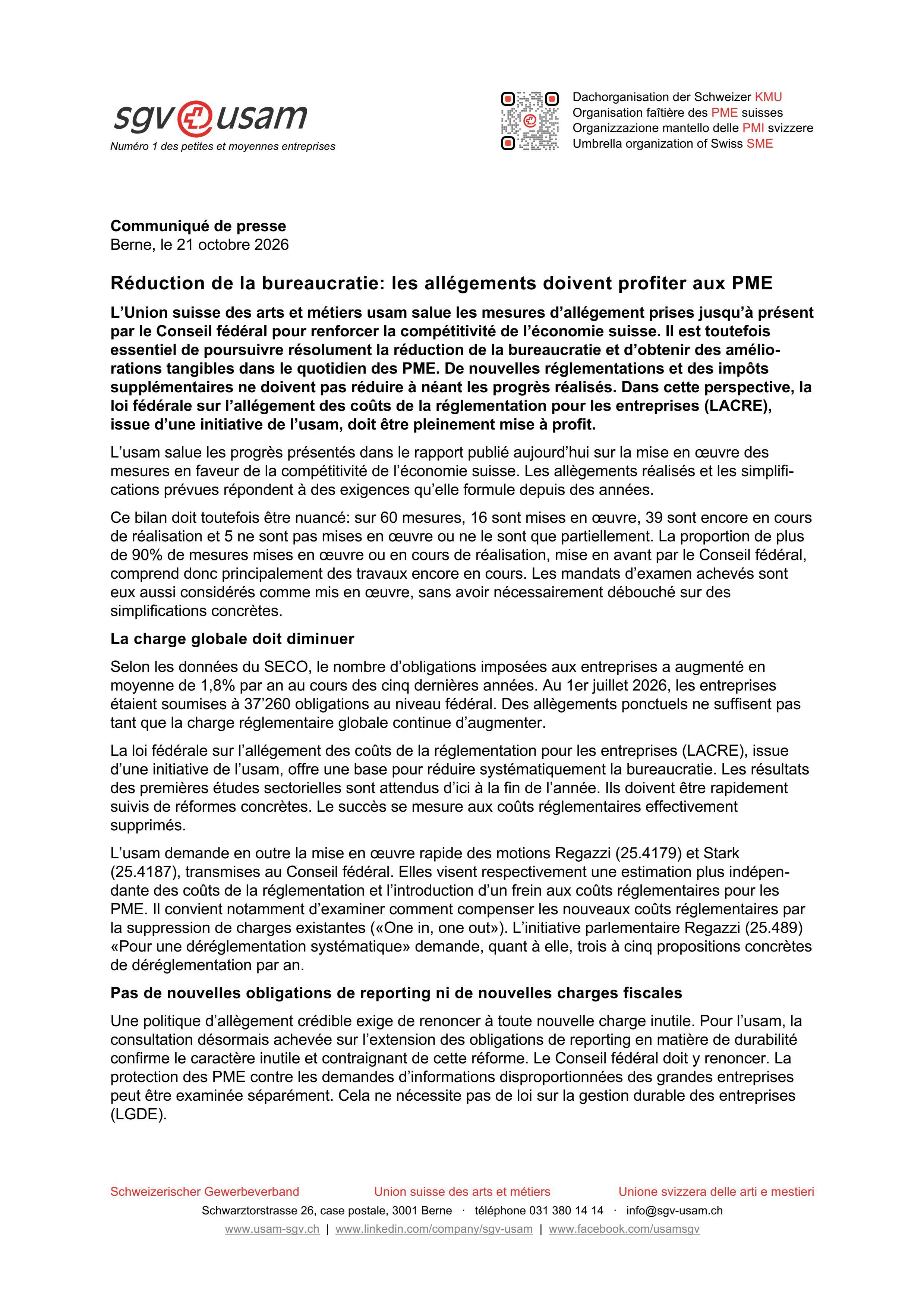 Réduction de la bureaucratie: les allégements doivent profiter aux PME