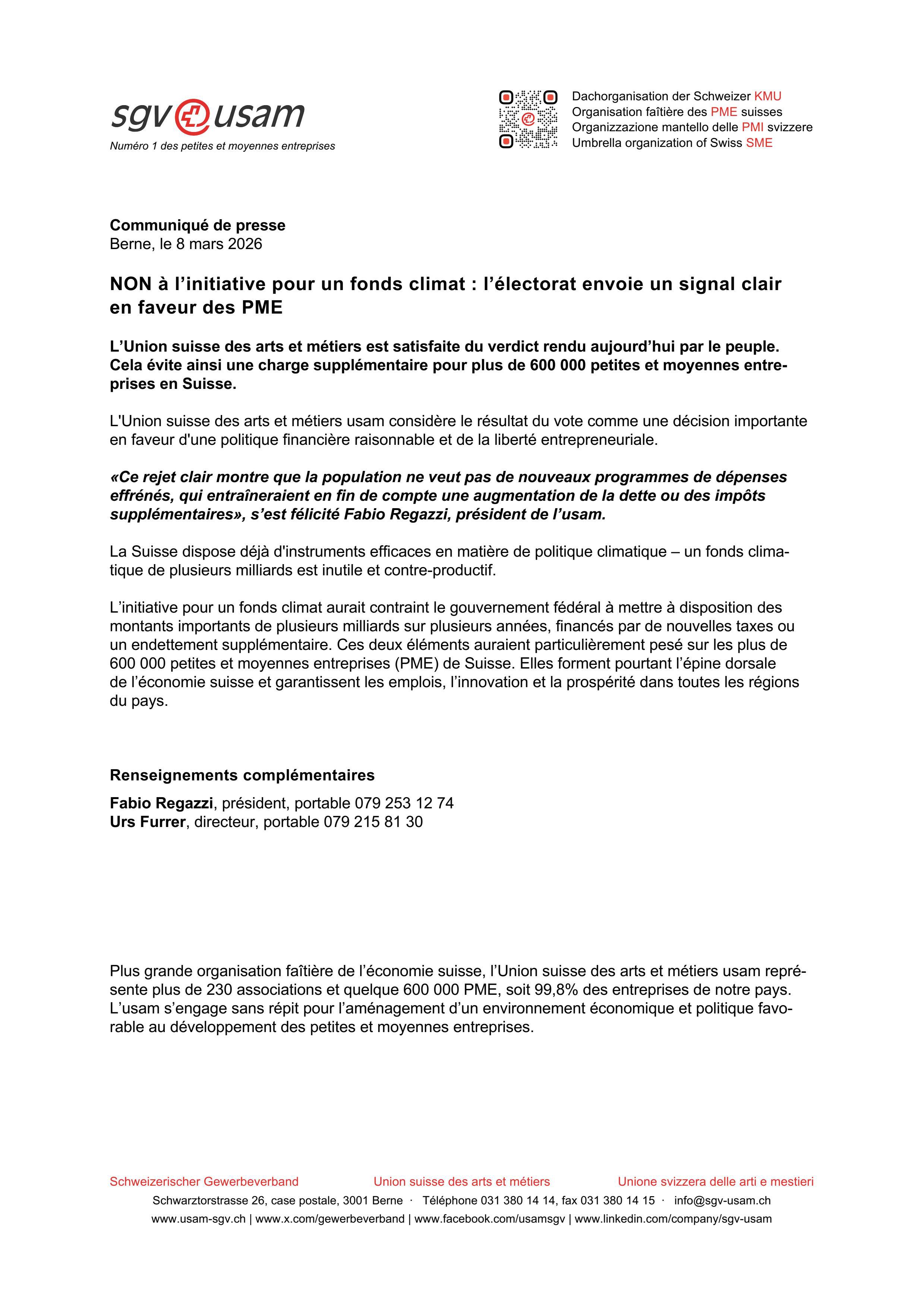 NON à l’initiative pour un fonds climat: l’électorat envoie un signal clair en faveur des PME