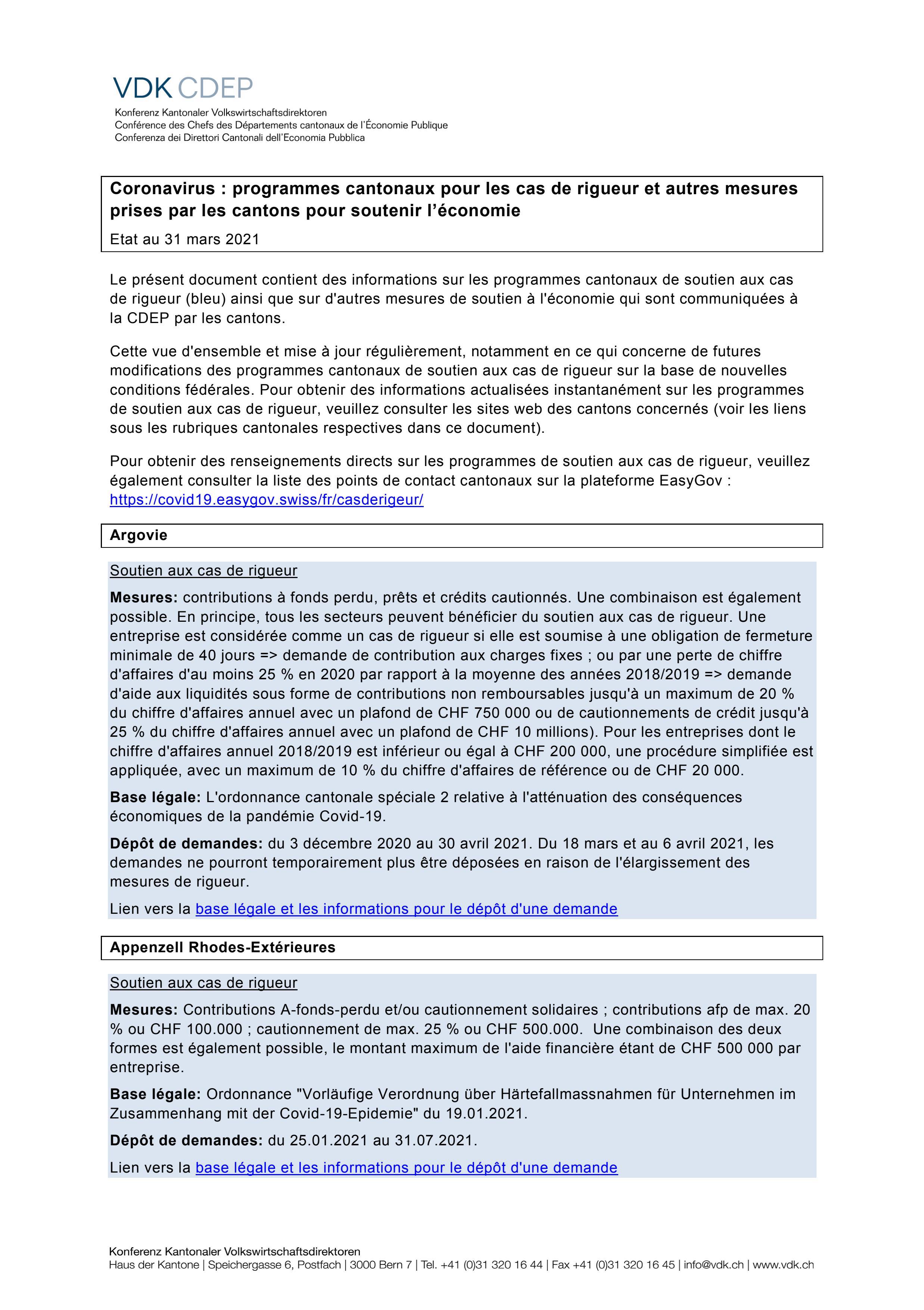  Coronavirus: programmes cantonaux pour les cas de rigueur et autres mesures prises par les cantons pour soutenir l’économie -  Conférence des Chefs des Départements cantonaux de l'Économie Publique