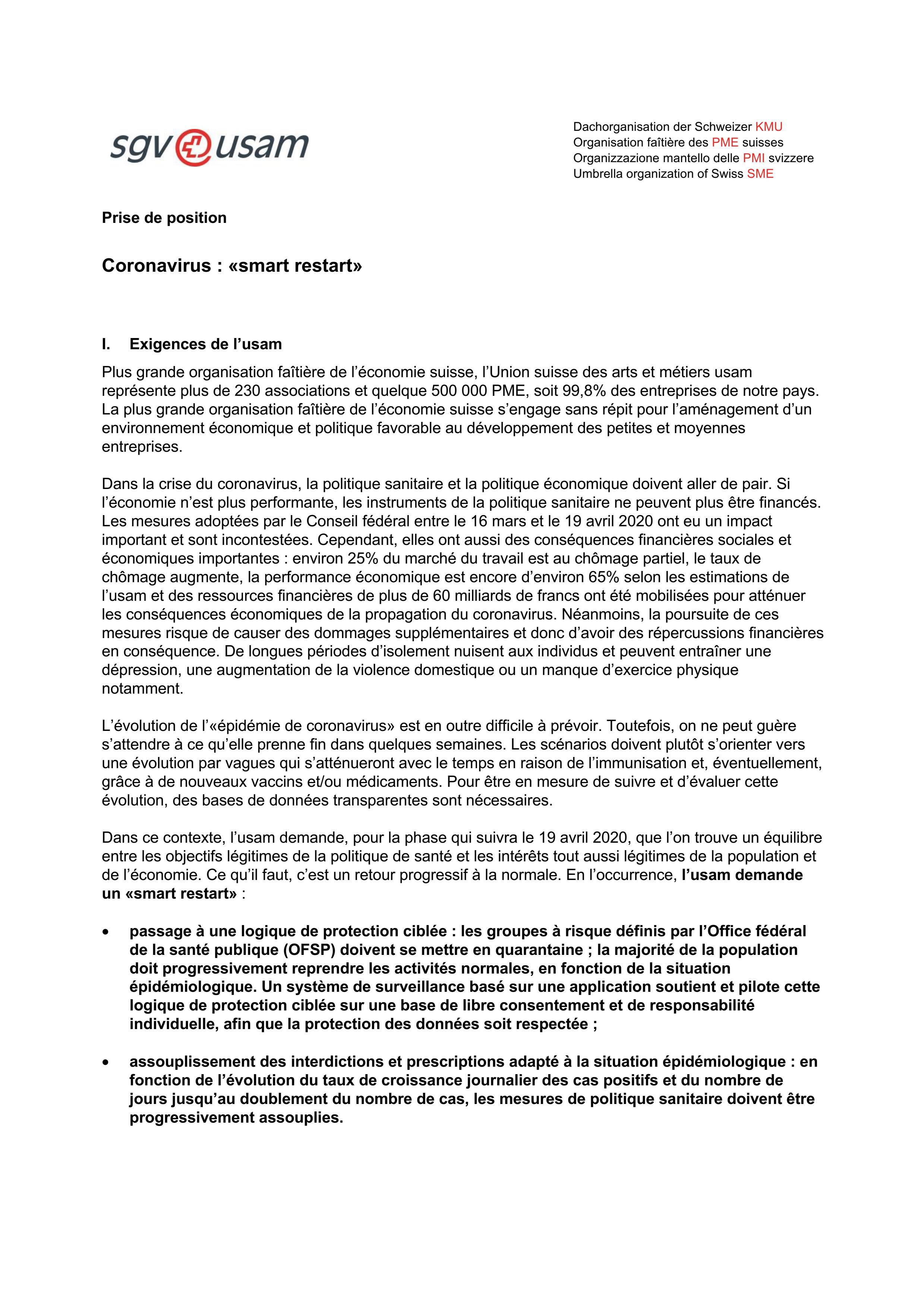  Prise de position Coronavirus : «smart restart»