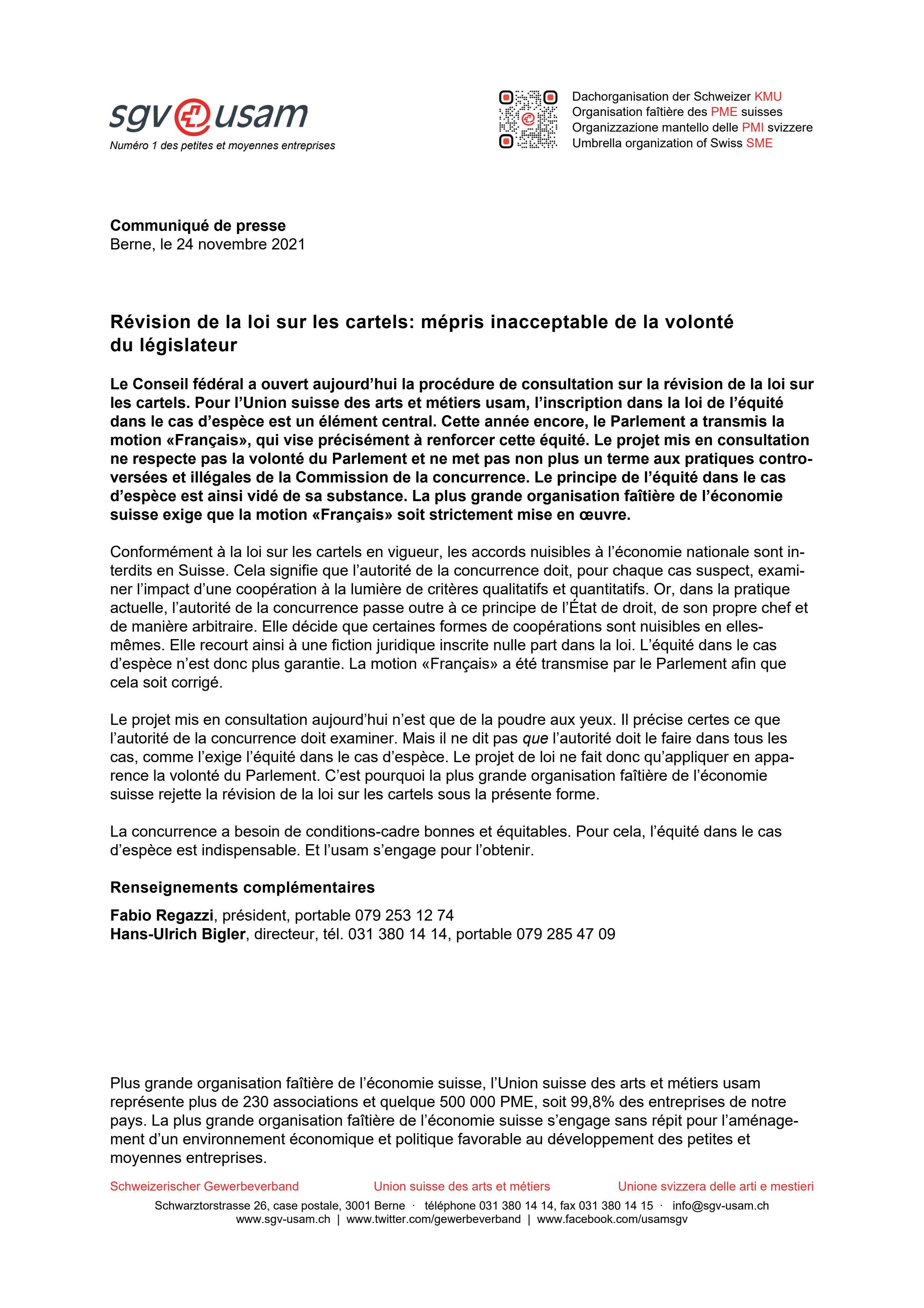 Révision de la loi sur les cartels: mépris inacceptable de la volonté du législateur