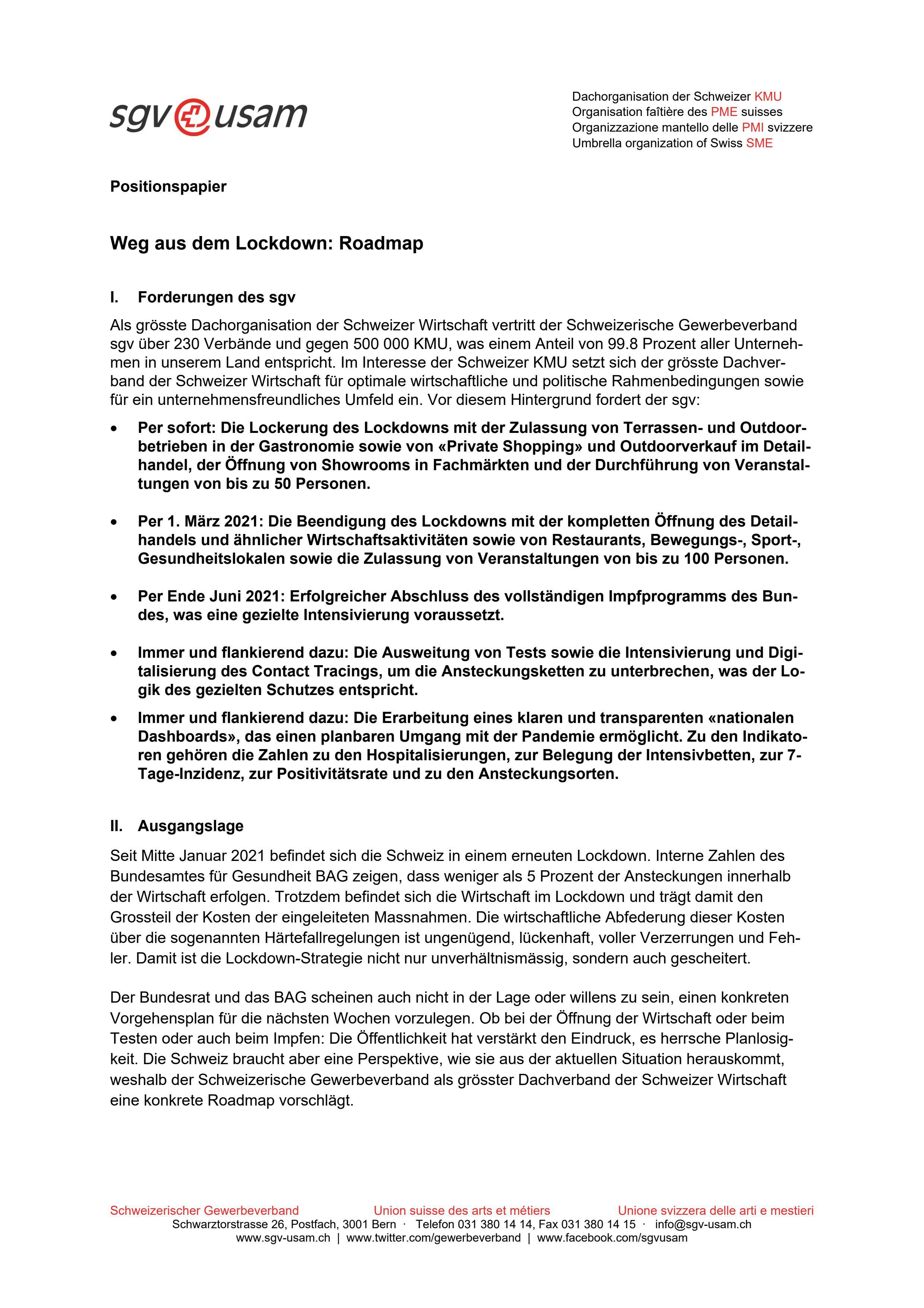  Positionspapier «Weg aus dem Lockdown: Roadmap»