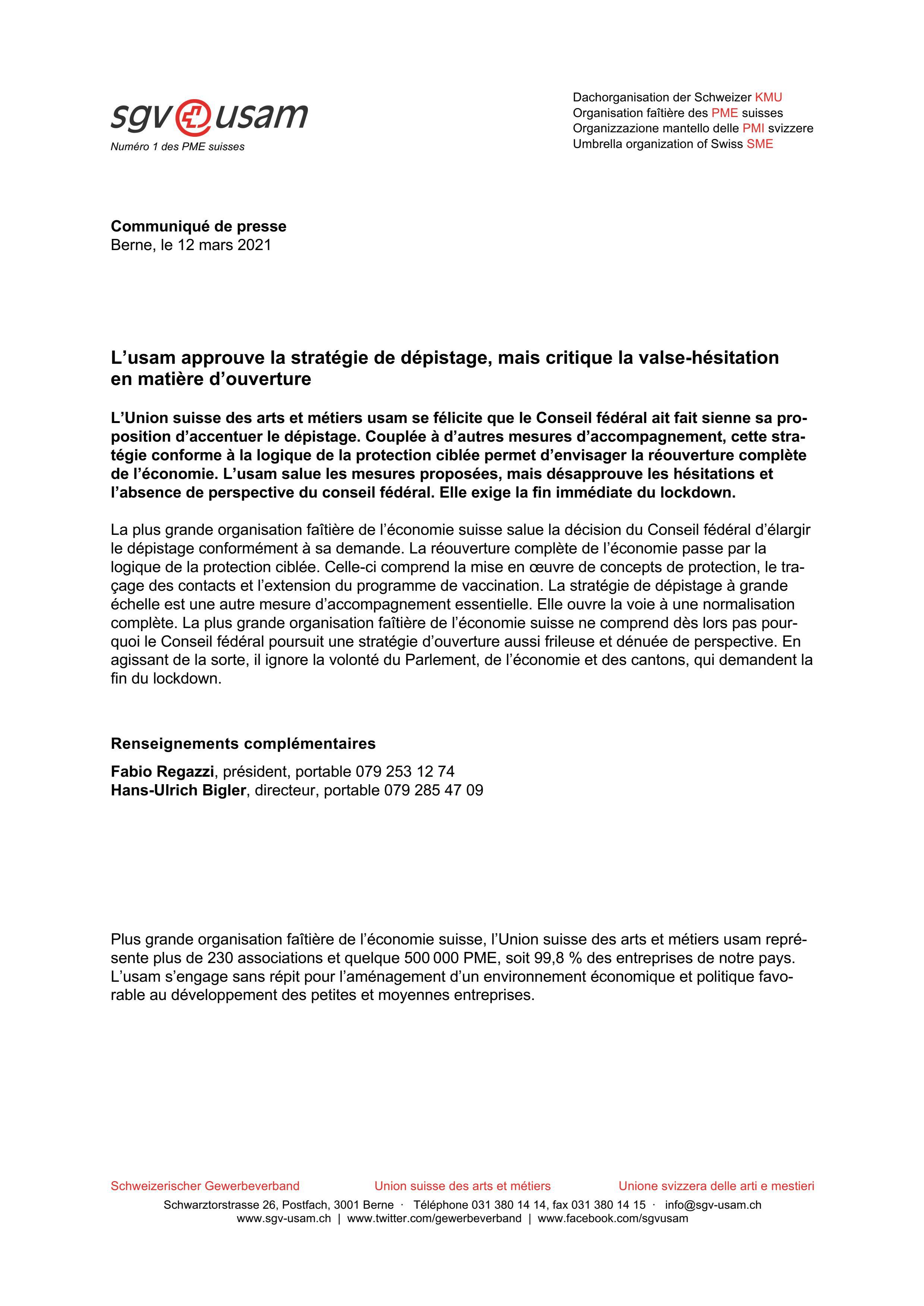 L’usam approuve la stratégie de dépistage, mais critique la valse-hésitation en matière d’ouverture