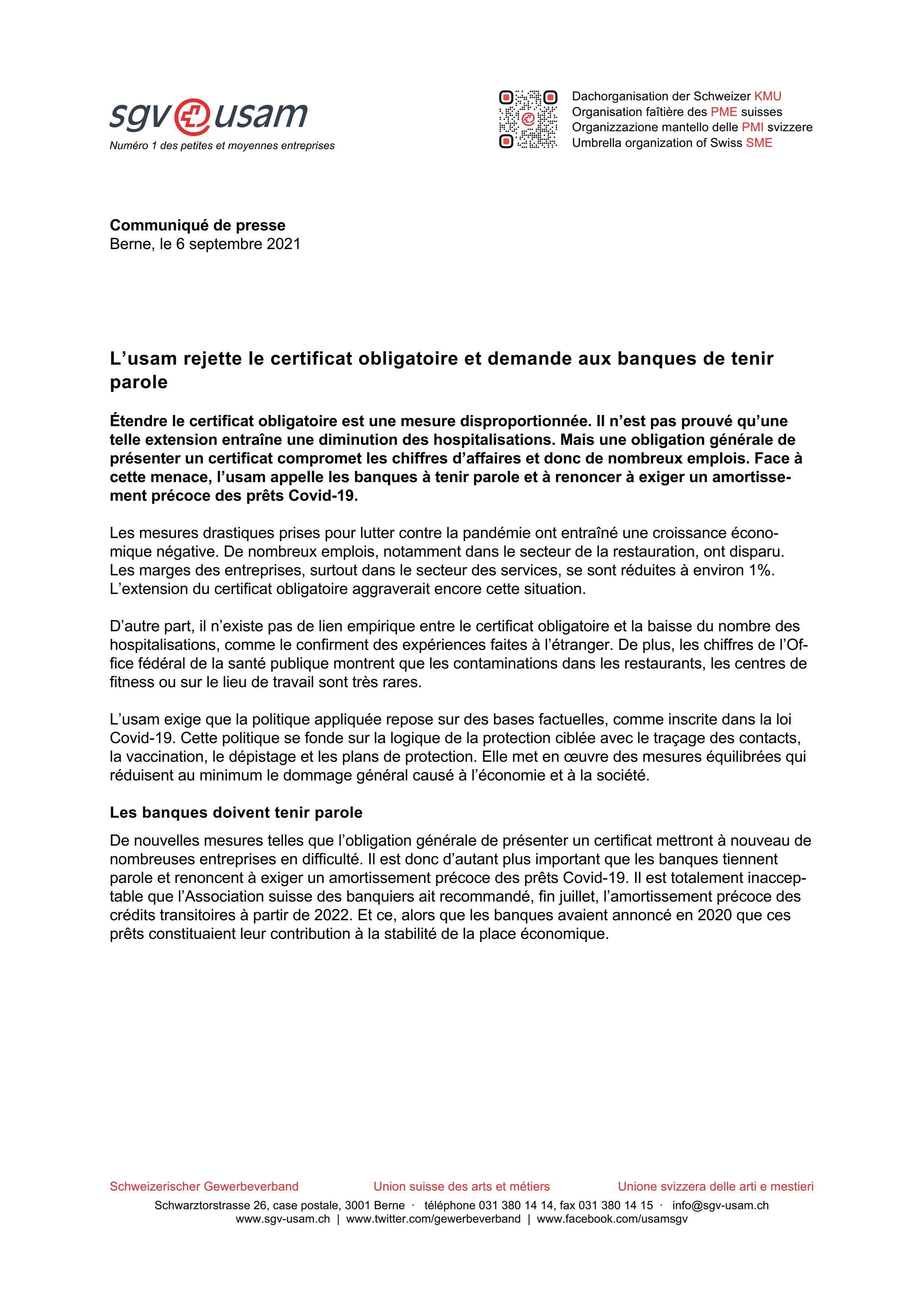 L’usam rejette le certificat obligatoire et demande aux banques de tenir parole