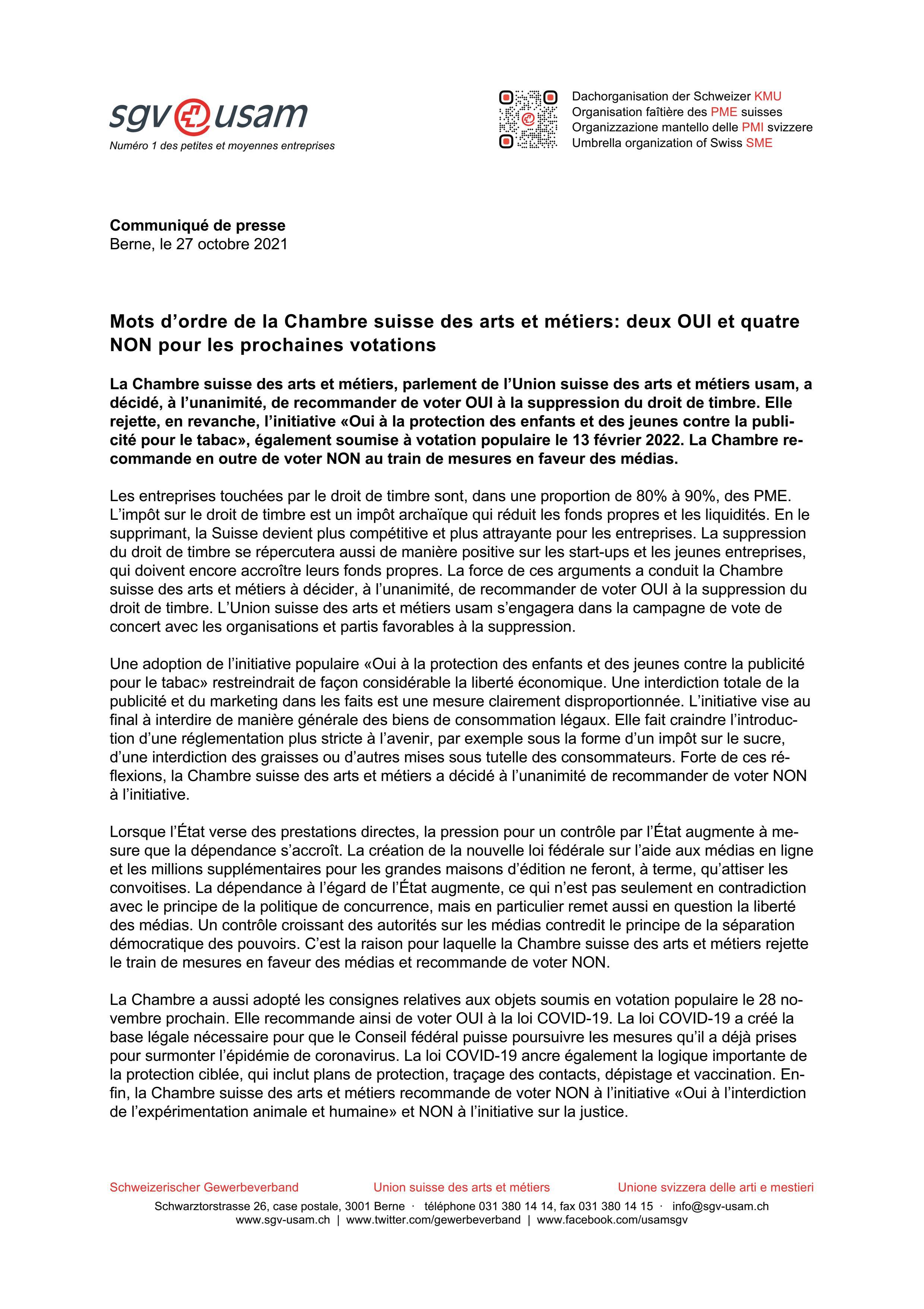 Mots d’ordre de la Chambre suisse des arts et métiers: deux OUI et quatre NON pour les prochaines votations