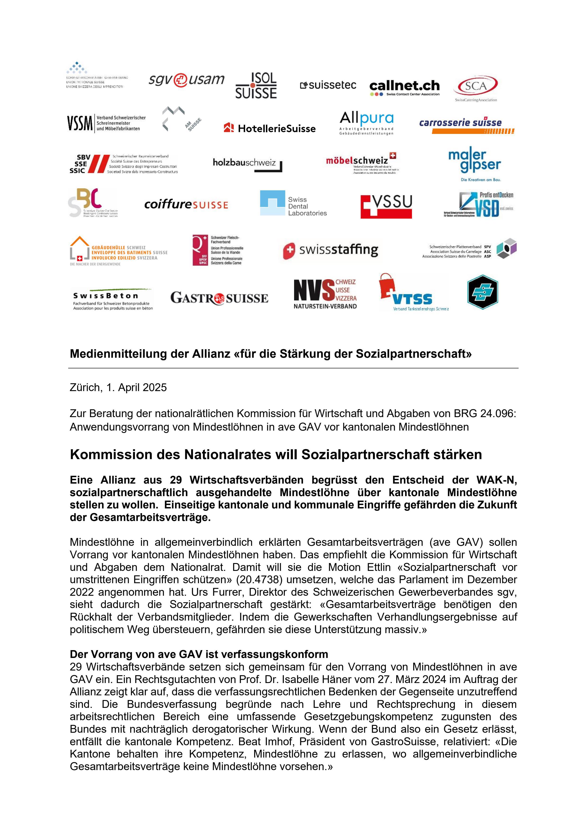 Kommission des Nationalrates will Sozialpartnerschaft stärken