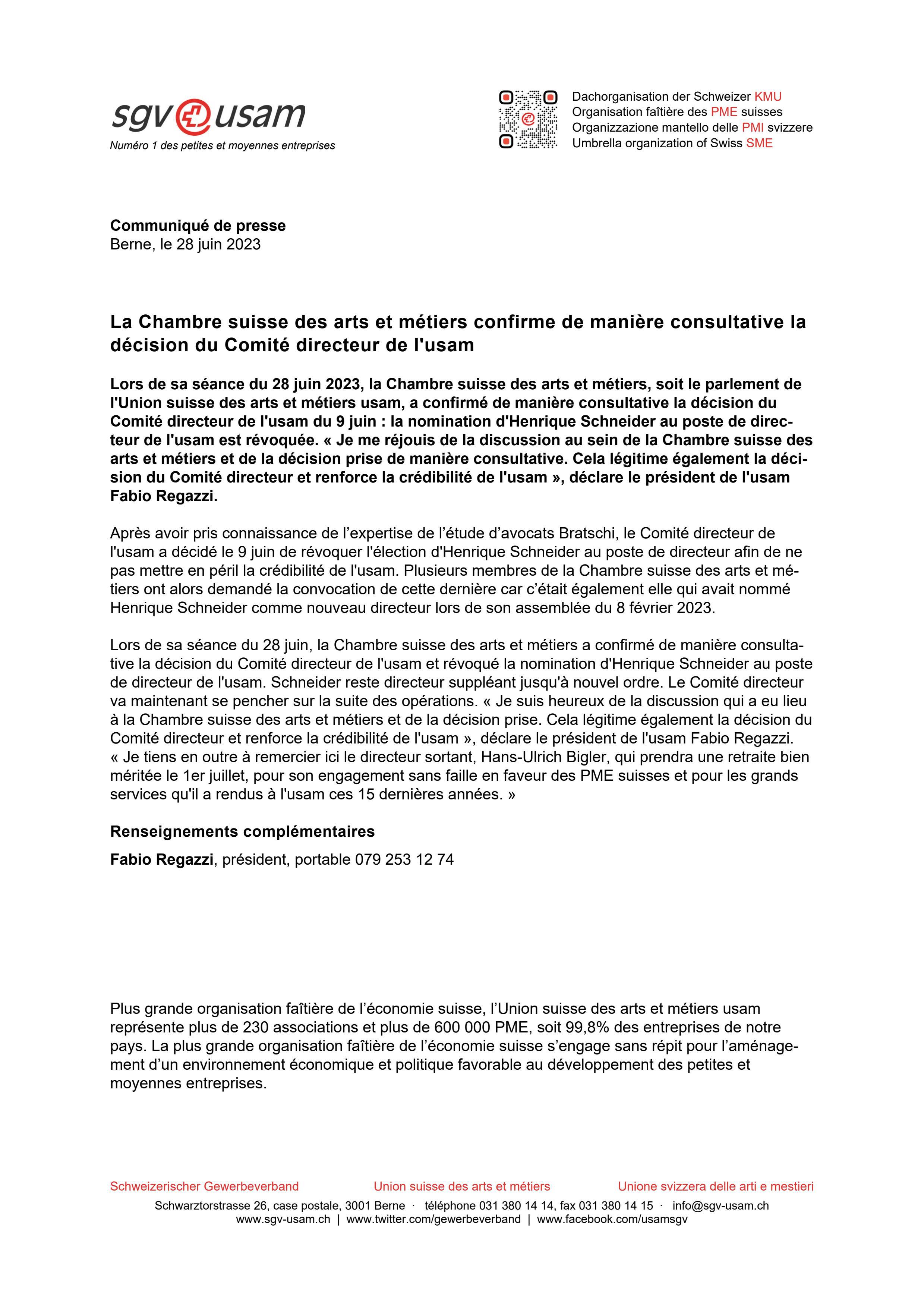 La Chambre suisse des arts et métiers confirme de manière consultative la décision du Comité directeur de l'usam