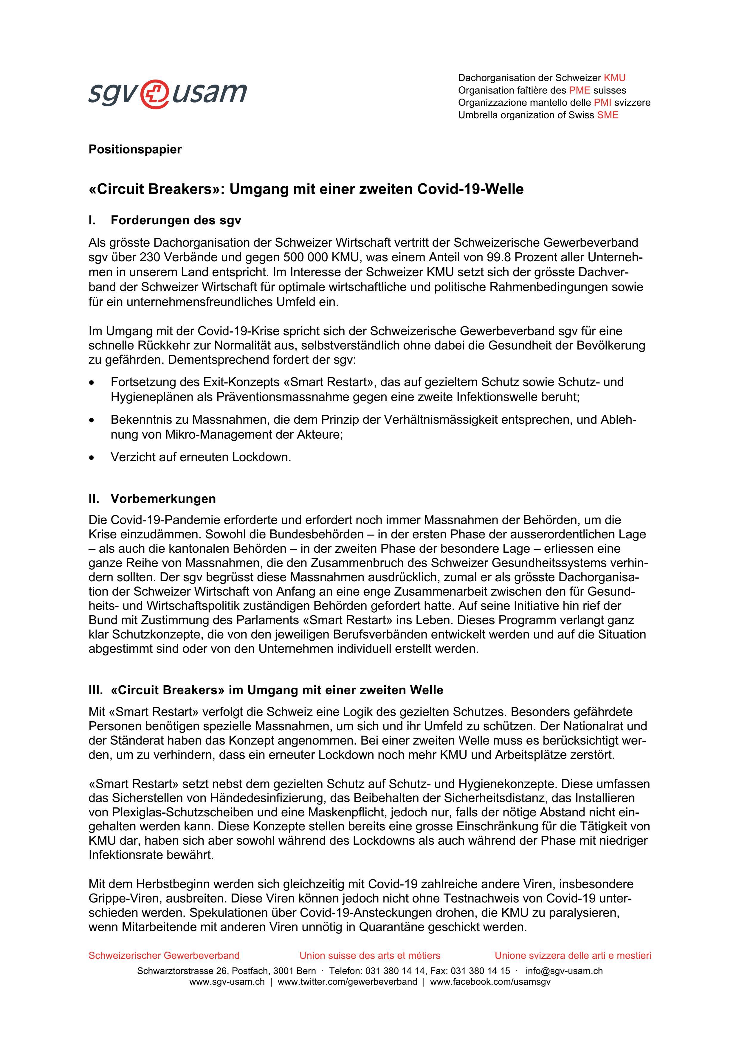  Positionspapier «Circuit Breakers»: Umgang mit einer zweiten Covid-19-Welle