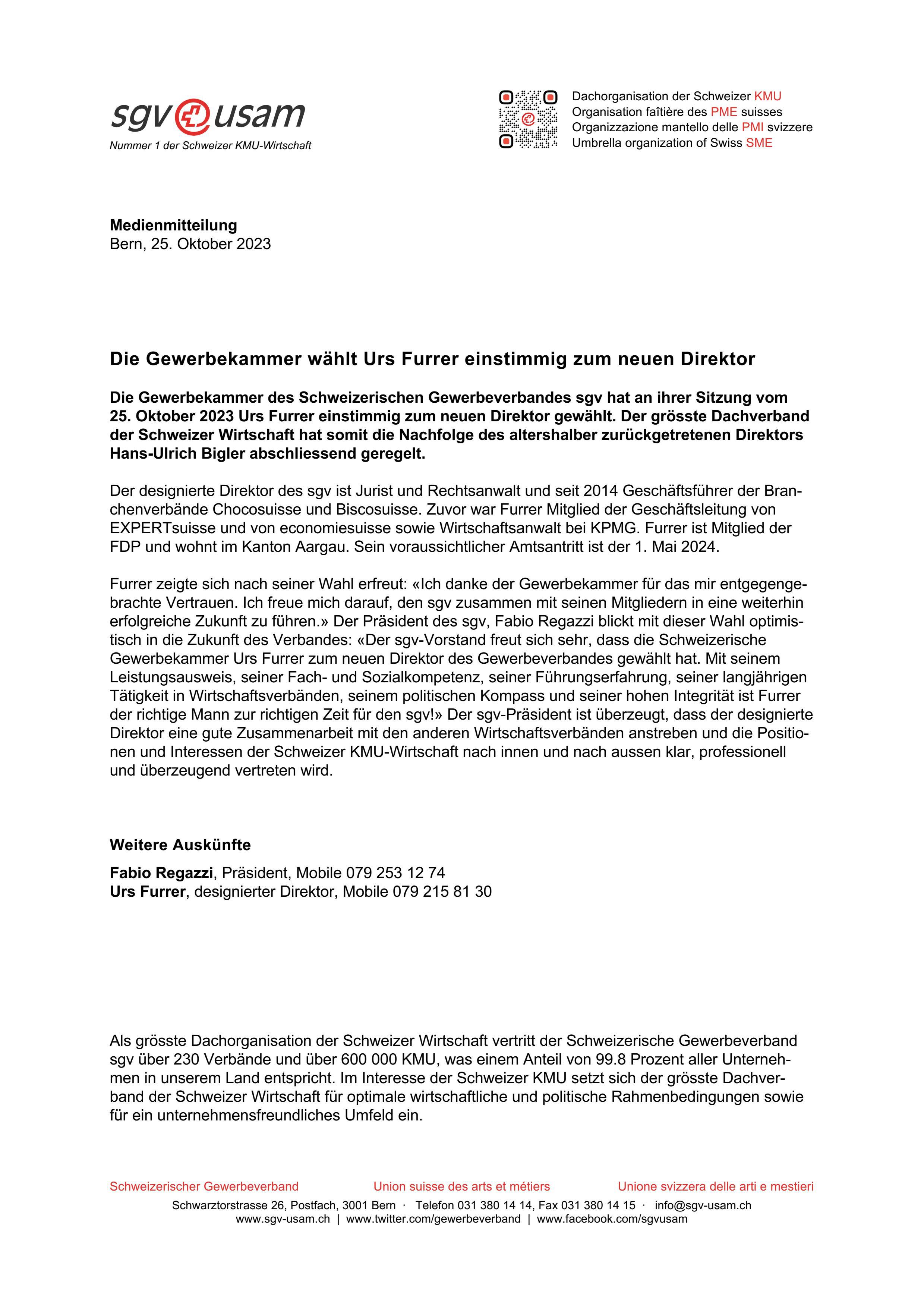 Die Gewerbekammer wählt Urs Furrer einstimmig zum neuen Direktor
