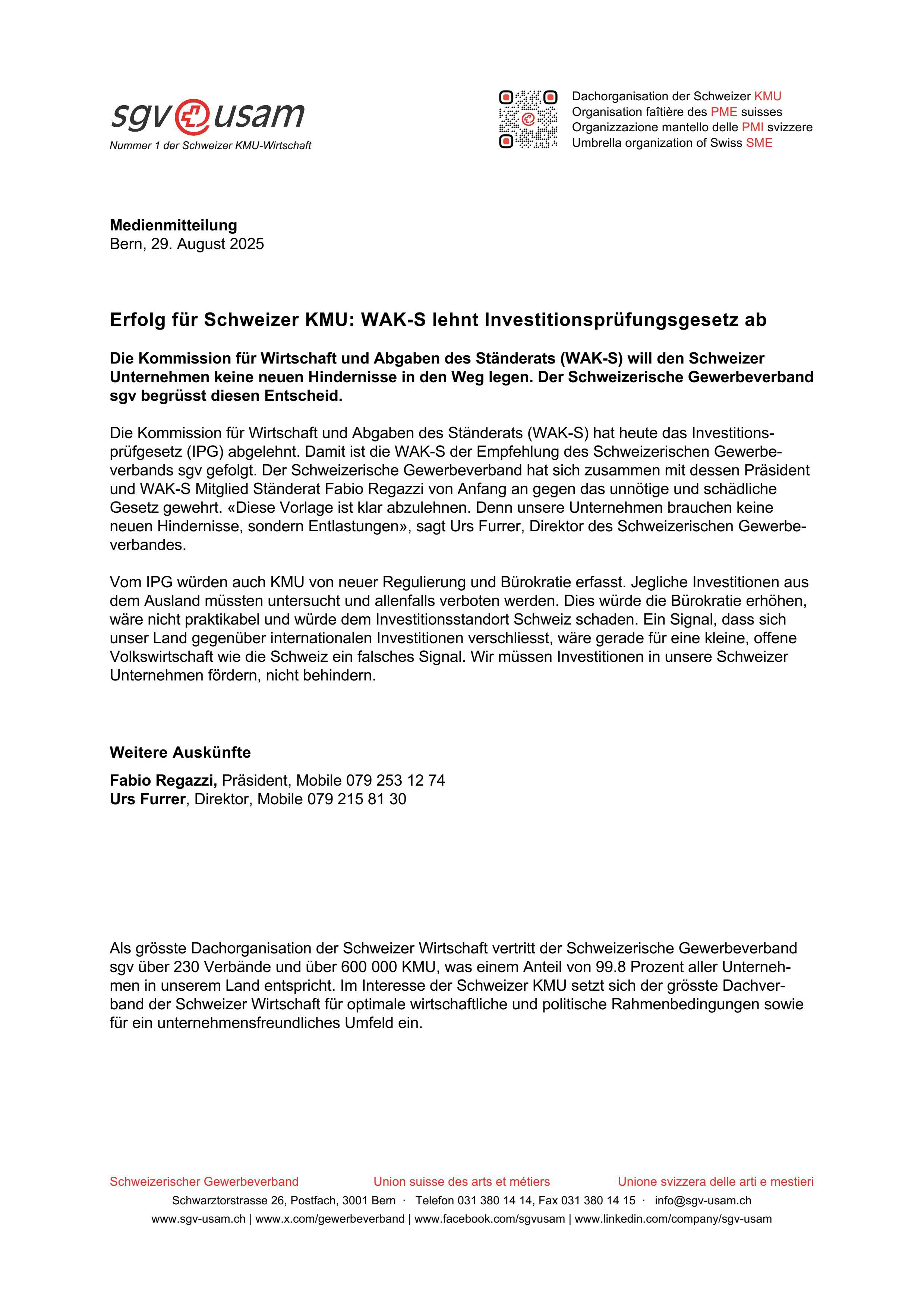 Erfolg für Schweizer KMU: WAK-S lehnt Investitionsprüfungsgesetz ab