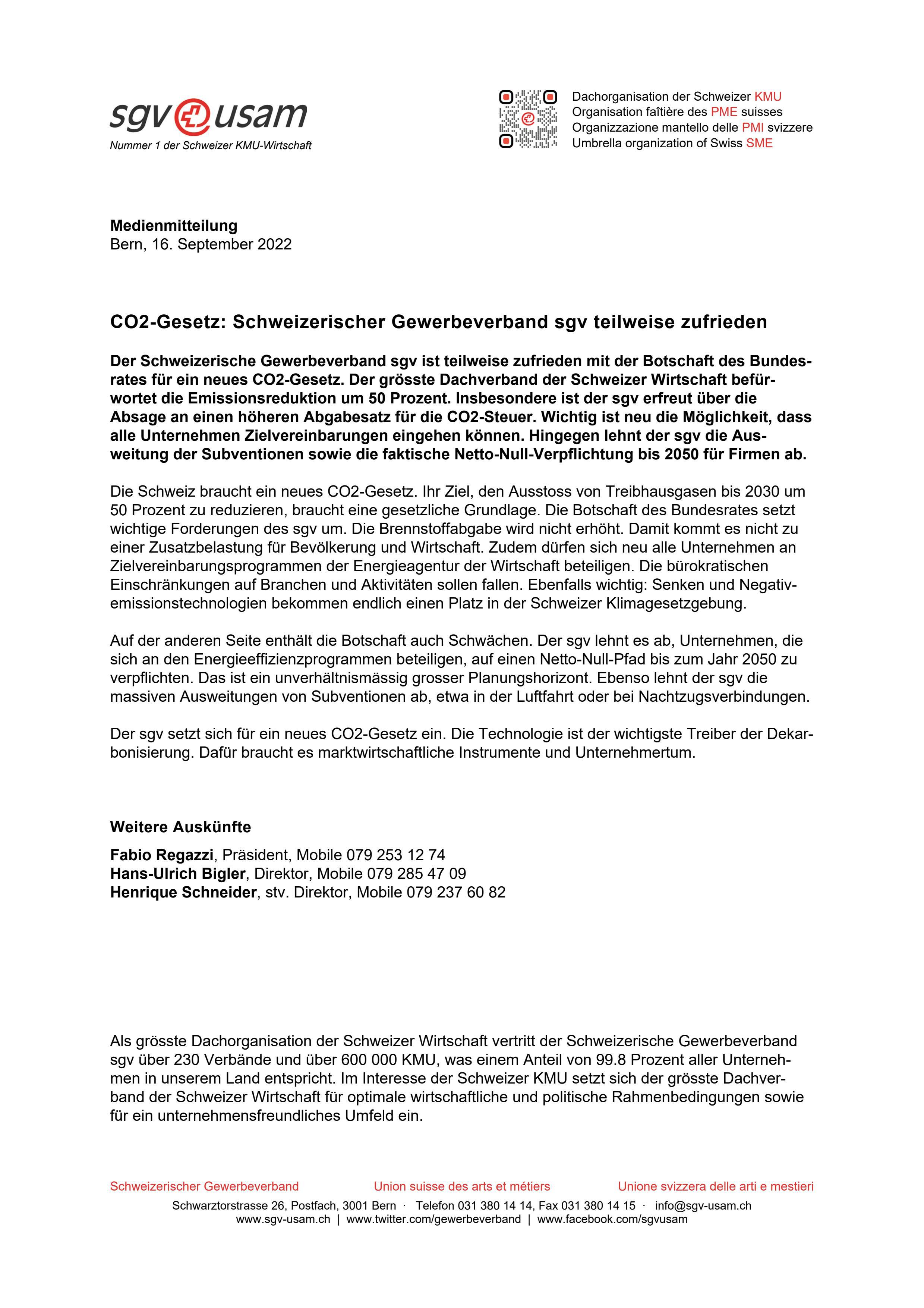 CO2-Gesetz: Schweizerischer Gewerbeverband sgv teilweise zufrieden