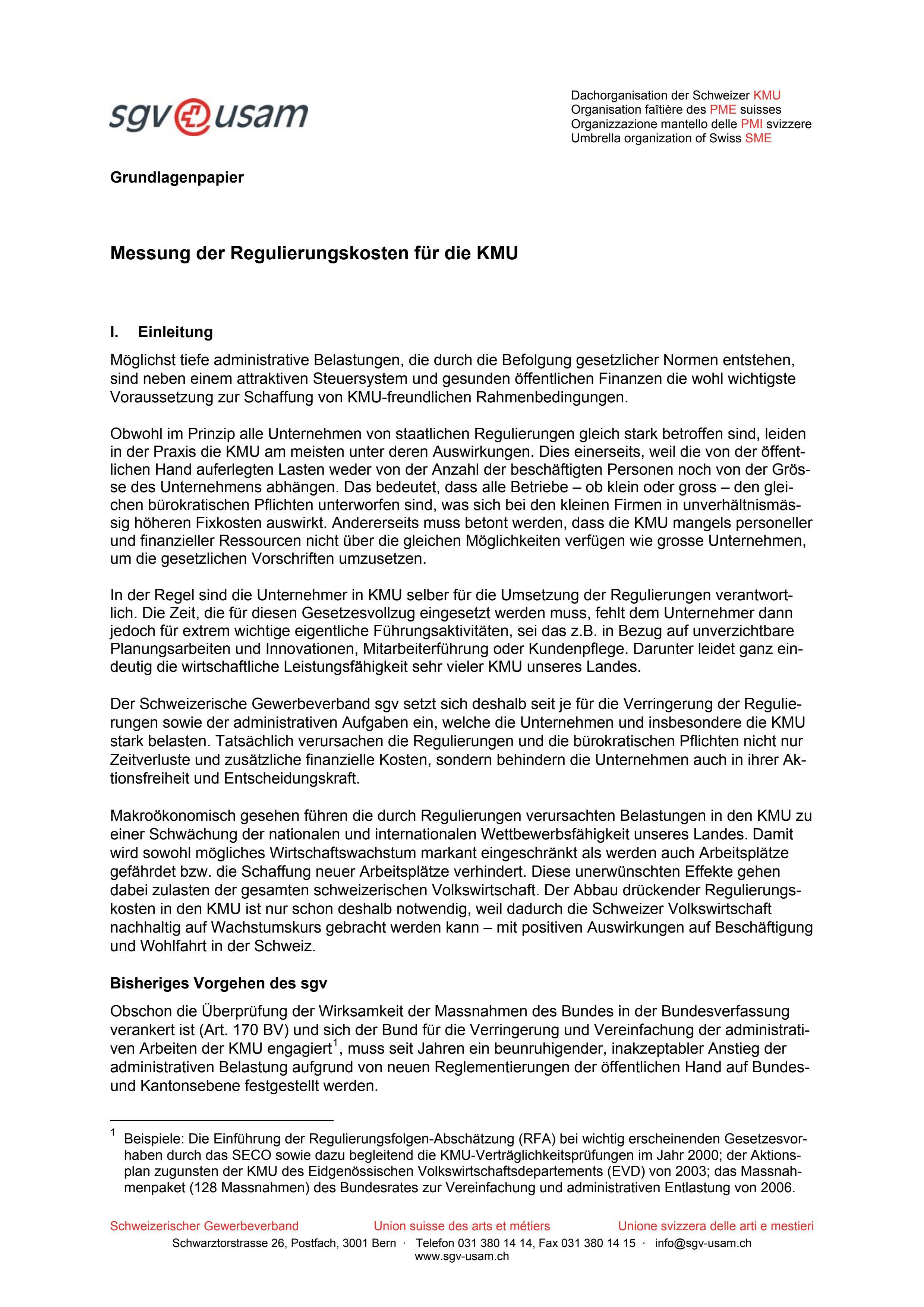  Documento di base «Misurazione dei costi di regolamentazione per le PMI»