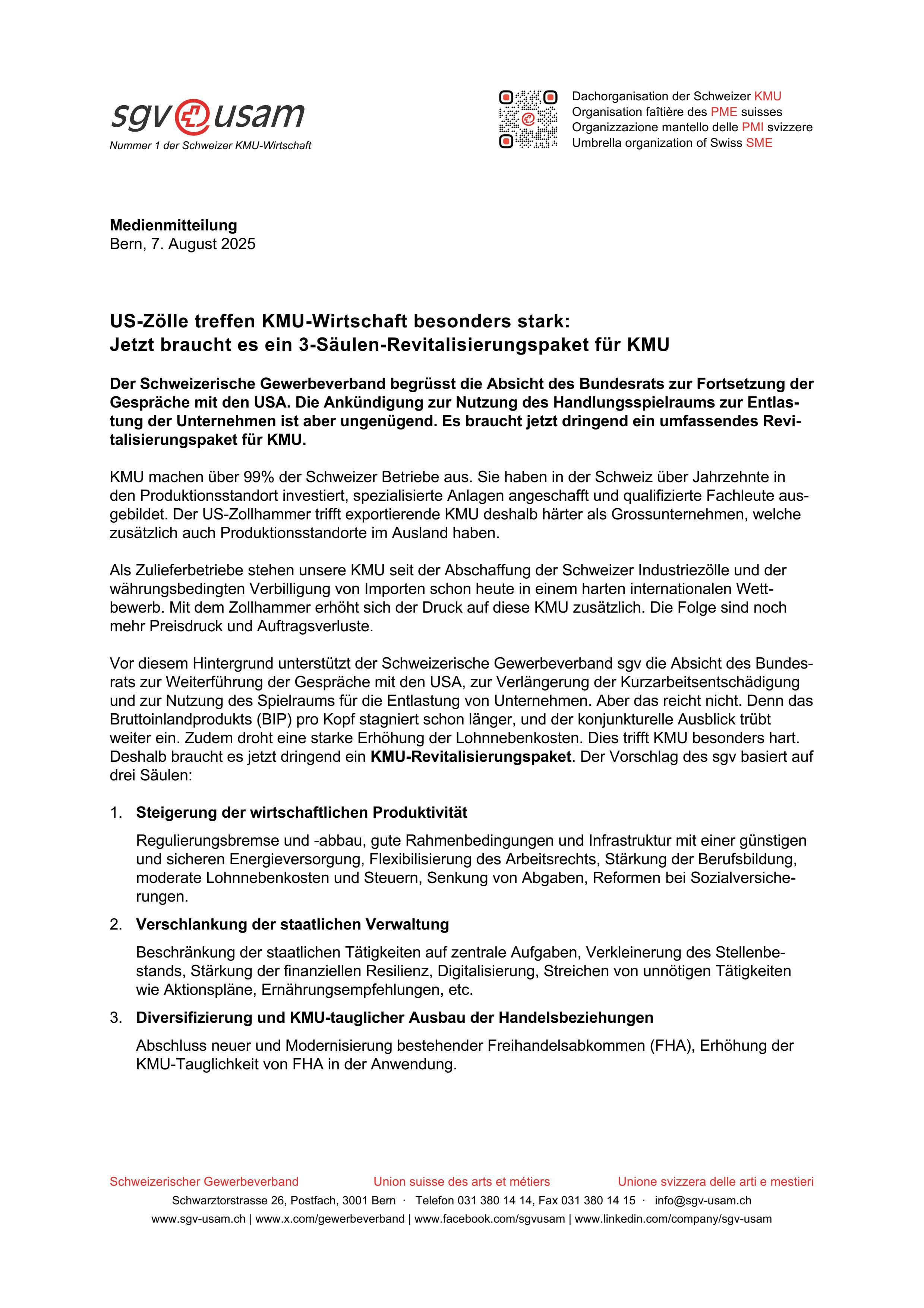 US-Zölle treffen KMU-Wirtschaft besonders stark: Jetzt braucht es ein 3-Säulen-Revitalisierungspaket für KMU