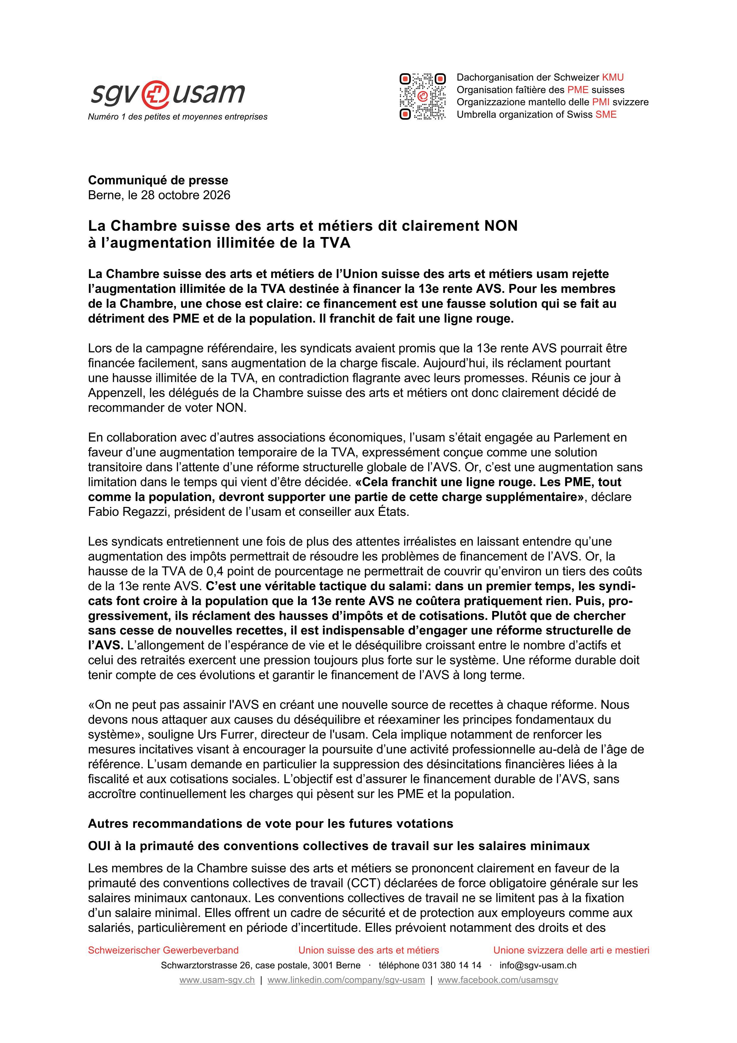 La Chambre suisse des arts et métiers dit clairement NON à l’augmentation illimitée de la TVA