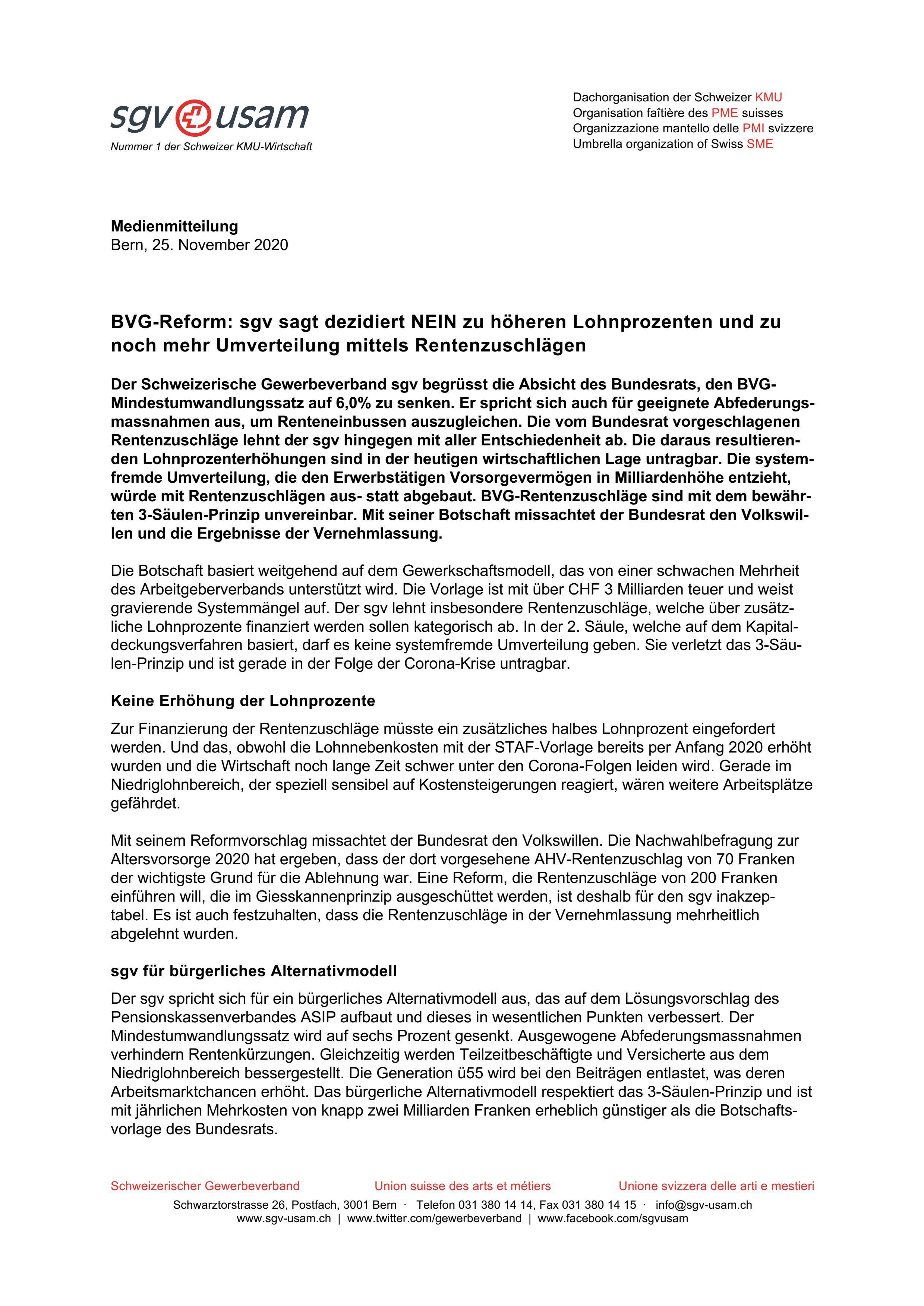 BVG-Reform: sgv sagt dezidiert NEIN zu höheren Lohnprozenten und zu noch mehr Umverteilung mittels Rentenzuschlägen
